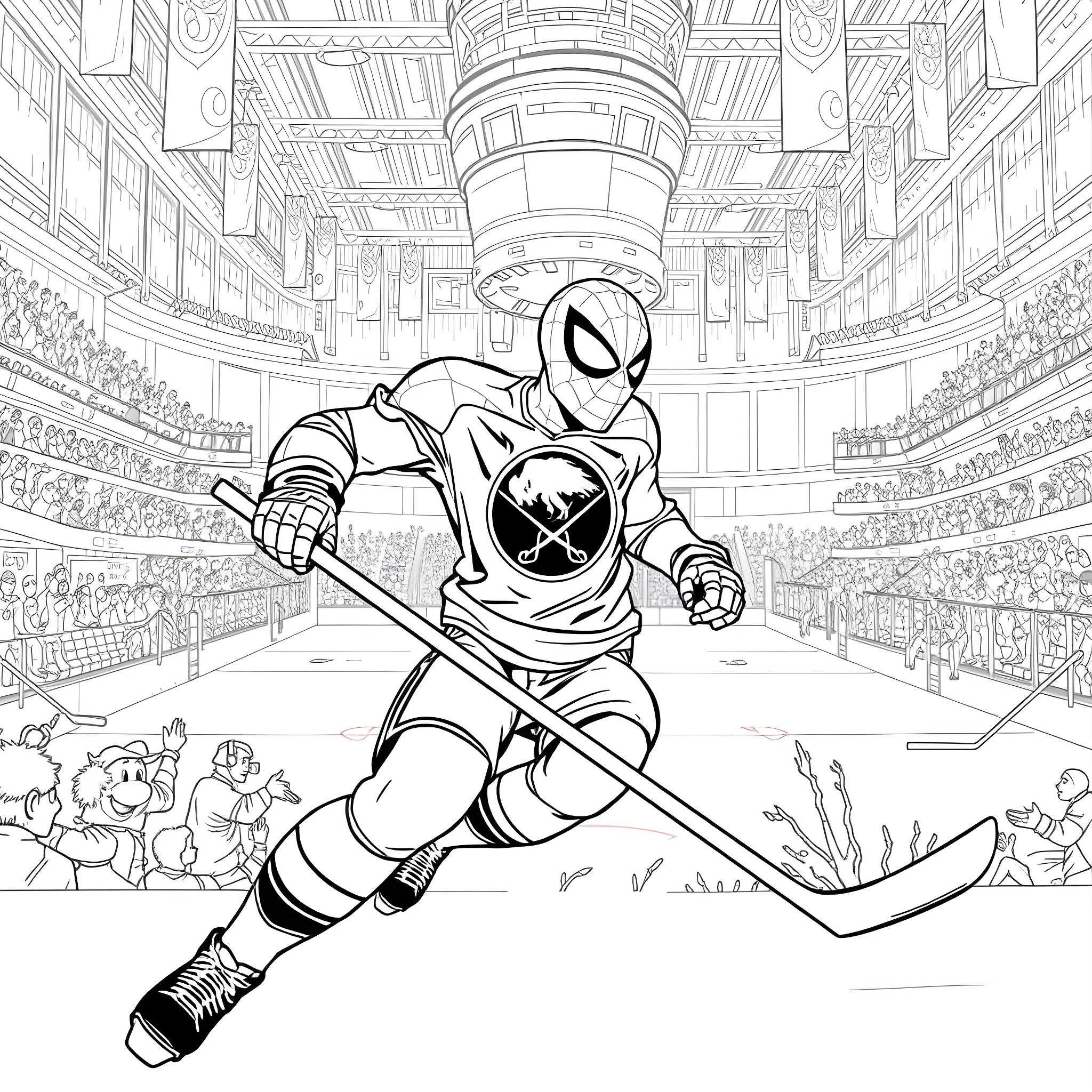 Spider-Man playing hockey in a stadium Coloring Page (free black-and-white line drawing printable PDF for all, from beginners to advanced learners, including children, teens, adults, and seniors)