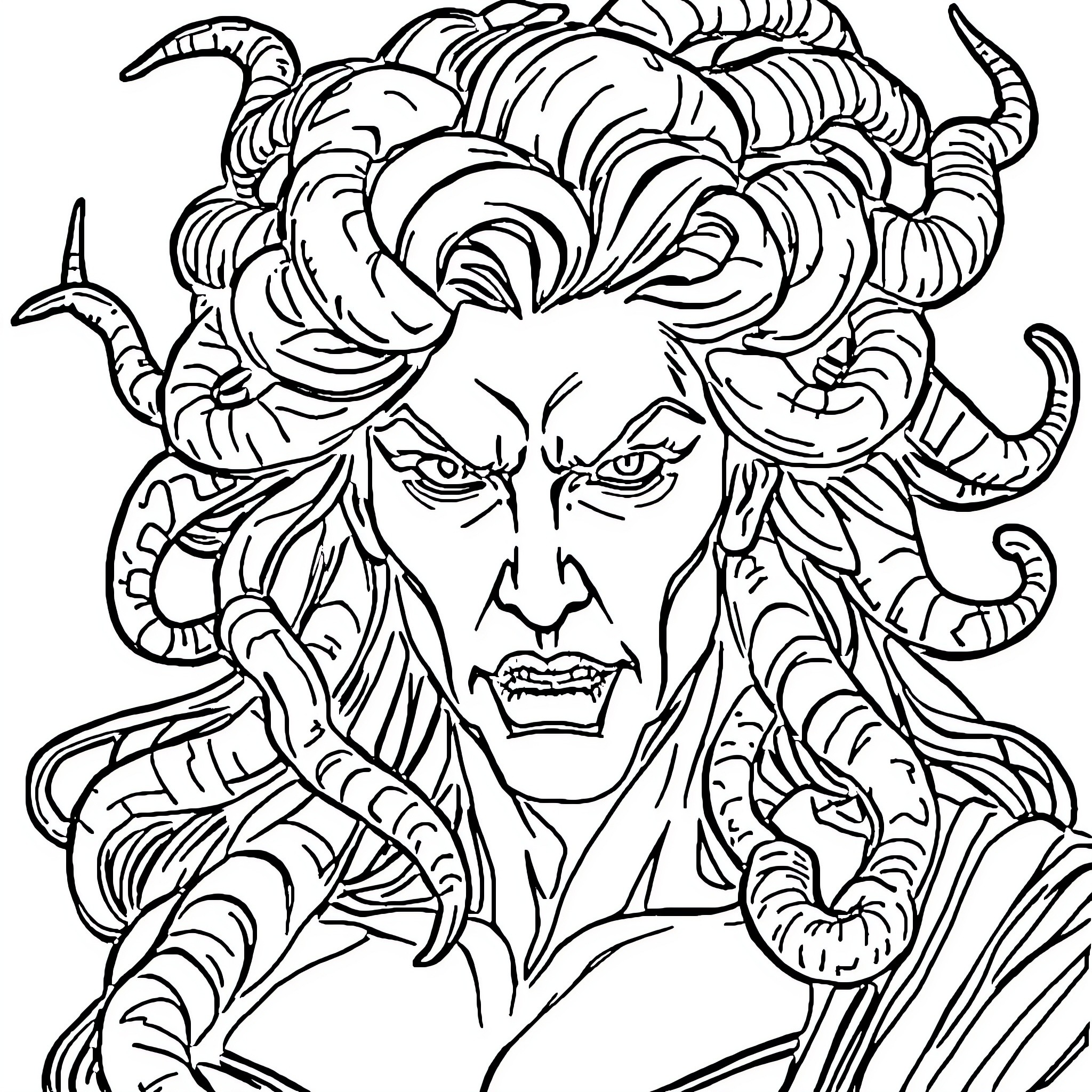 Medusa's Piercing Gaze Coloring Page (free black-and-white line drawing printable PDF for all, from beginners to advanced learners, including children, teens, adults, and seniors)