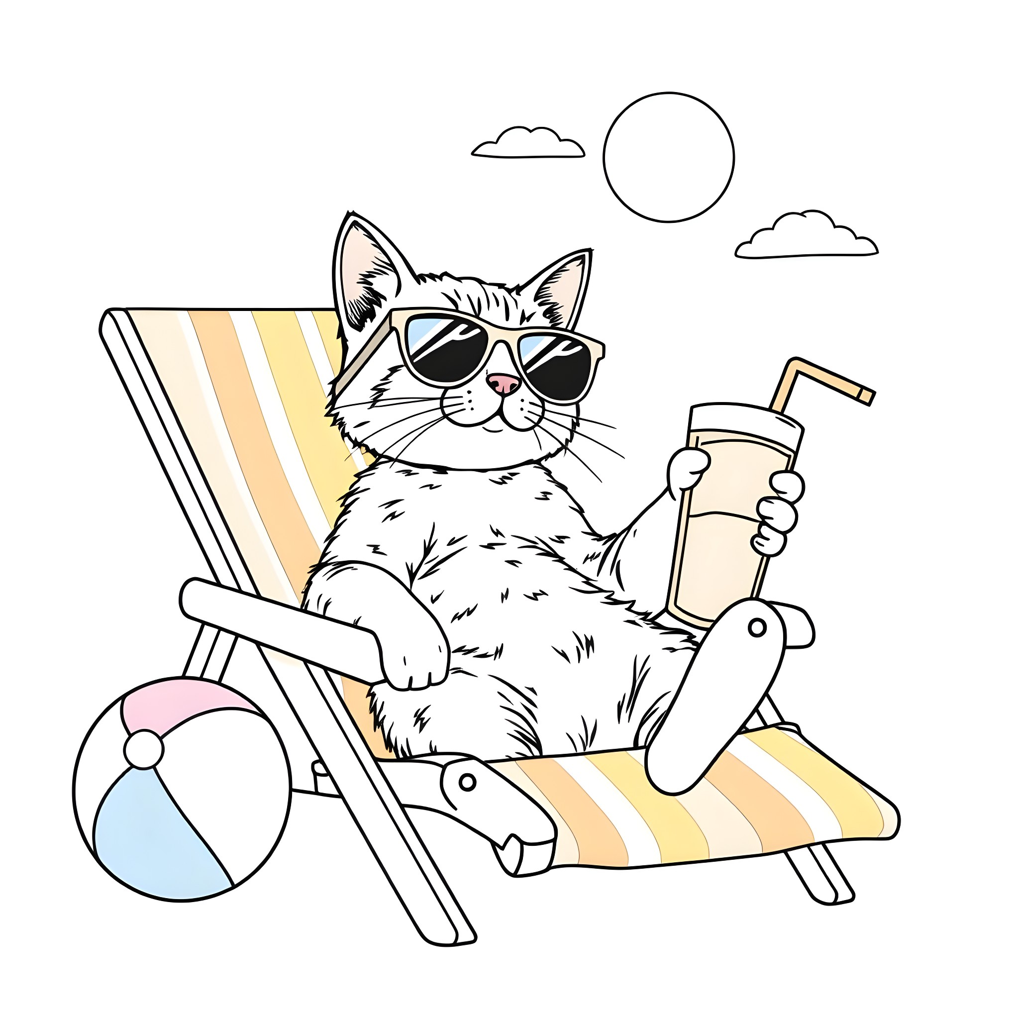 Cat lounging on beach chair with sunglasses and drink Coloring Page (free black-and-white line drawing printable PDF for all, from beginners to advanced learners, including children, teens, adults, and seniors)