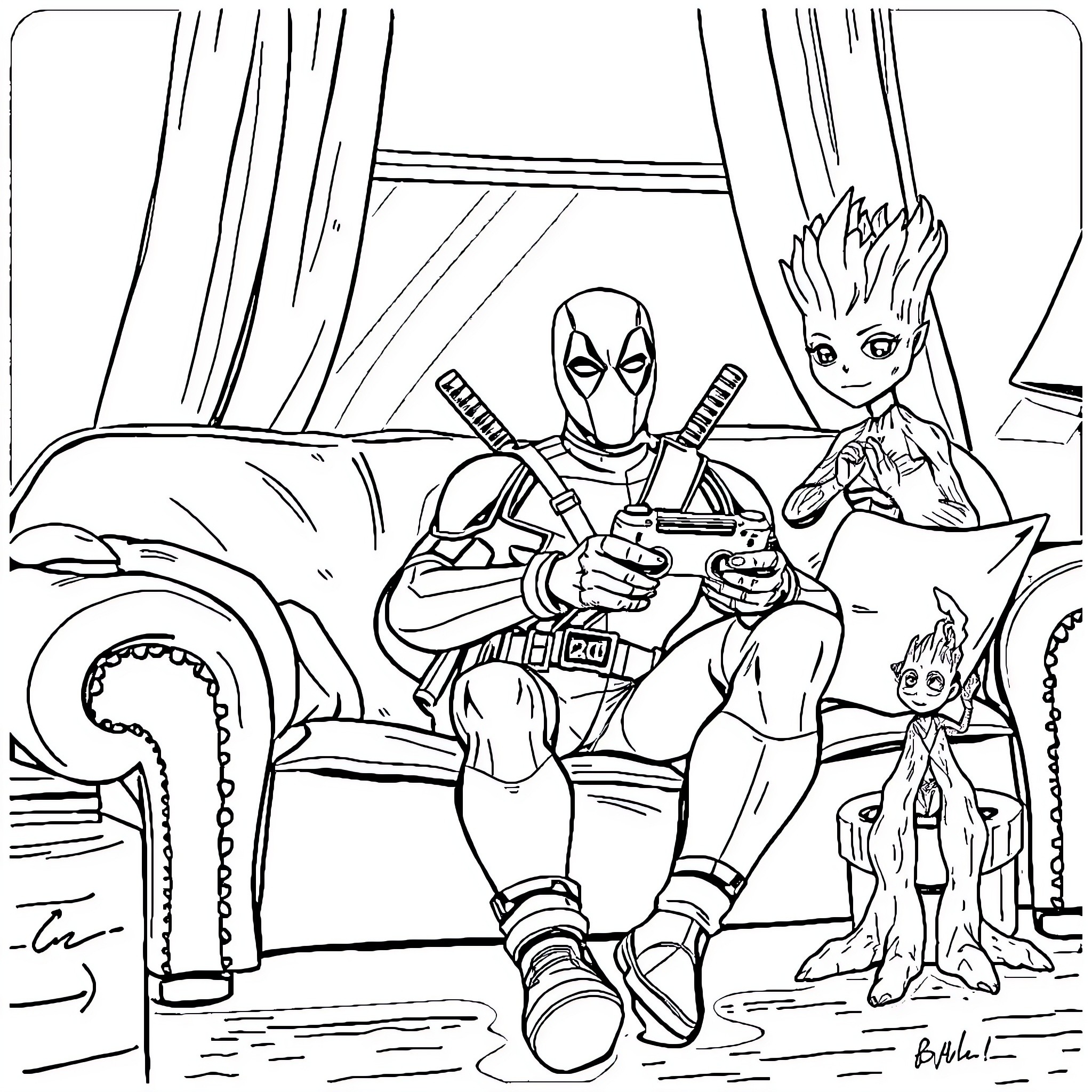 Deadpool's Quirky Antics with Groot and Baby Groot Coloring Page (free black-and-white line drawing printable PDF for all, from beginners to advanced learners, including children, teens, adults, and seniors)