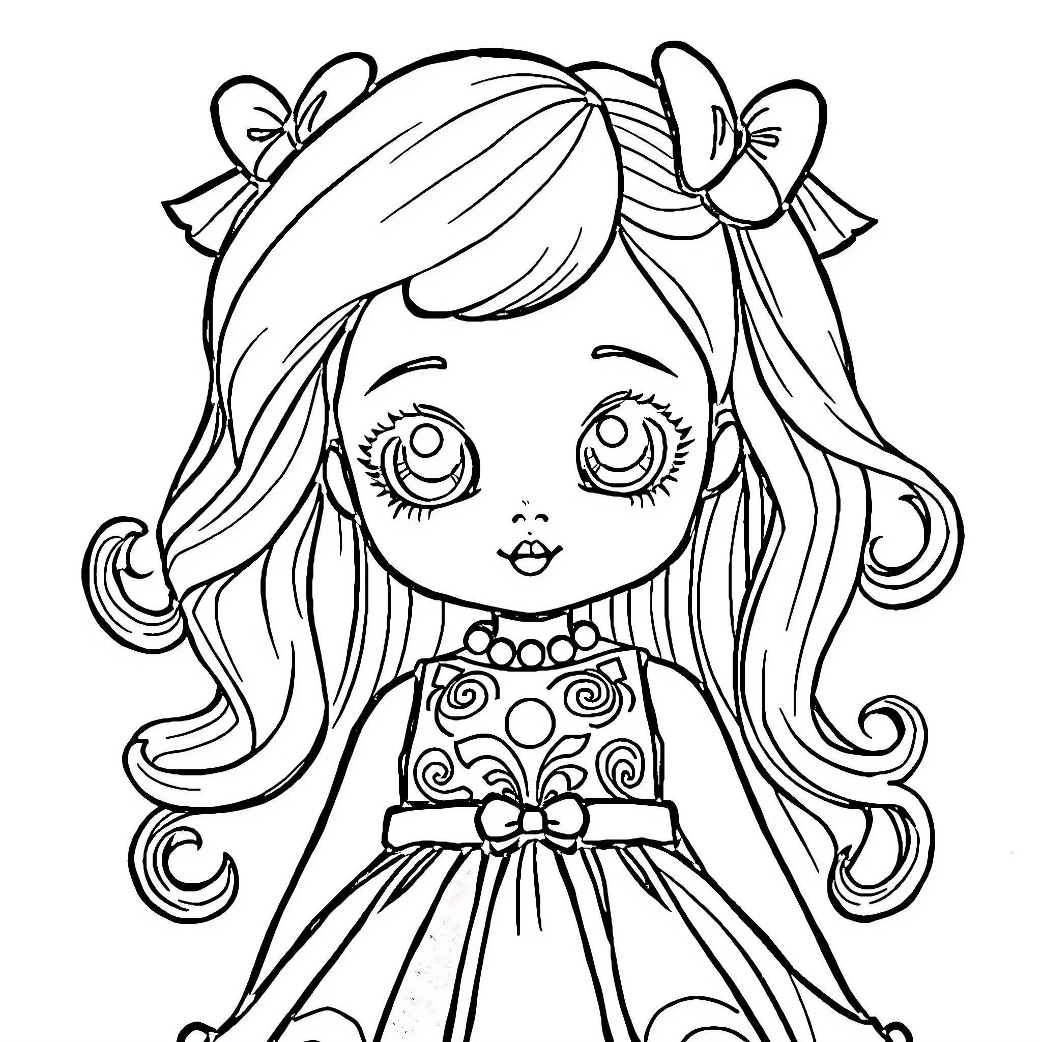Doll with Bows and Curly Hair Coloring Page (free black-and-white line drawing printable PDF for all, from beginners to advanced learners, including children, teens, adults, and seniors)