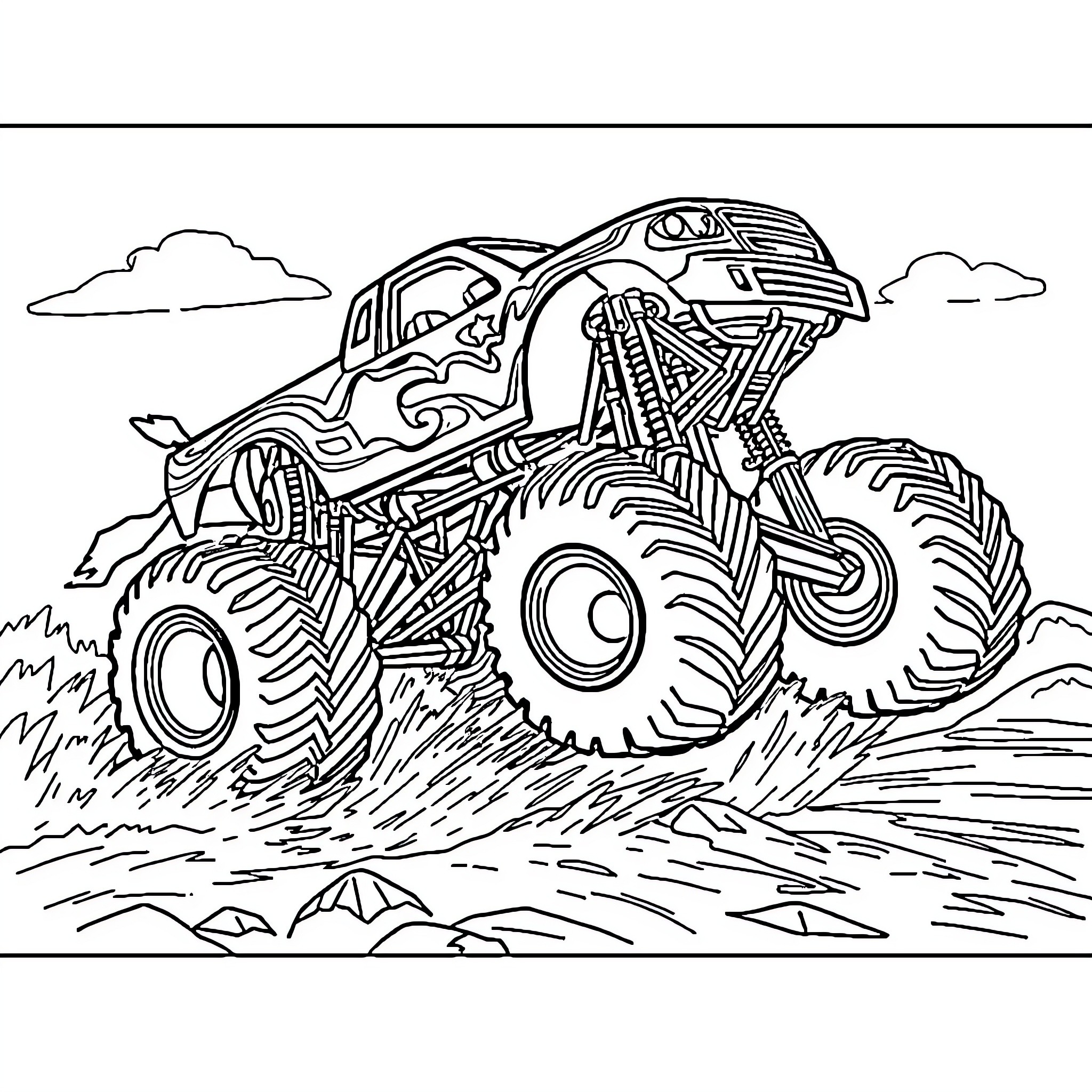 Monster Truck Crushing Rocks and Terrain Coloring Page (free black-and-white line drawing printable PDF for all, from beginners to advanced learners, including children, teens, adults, and seniors)