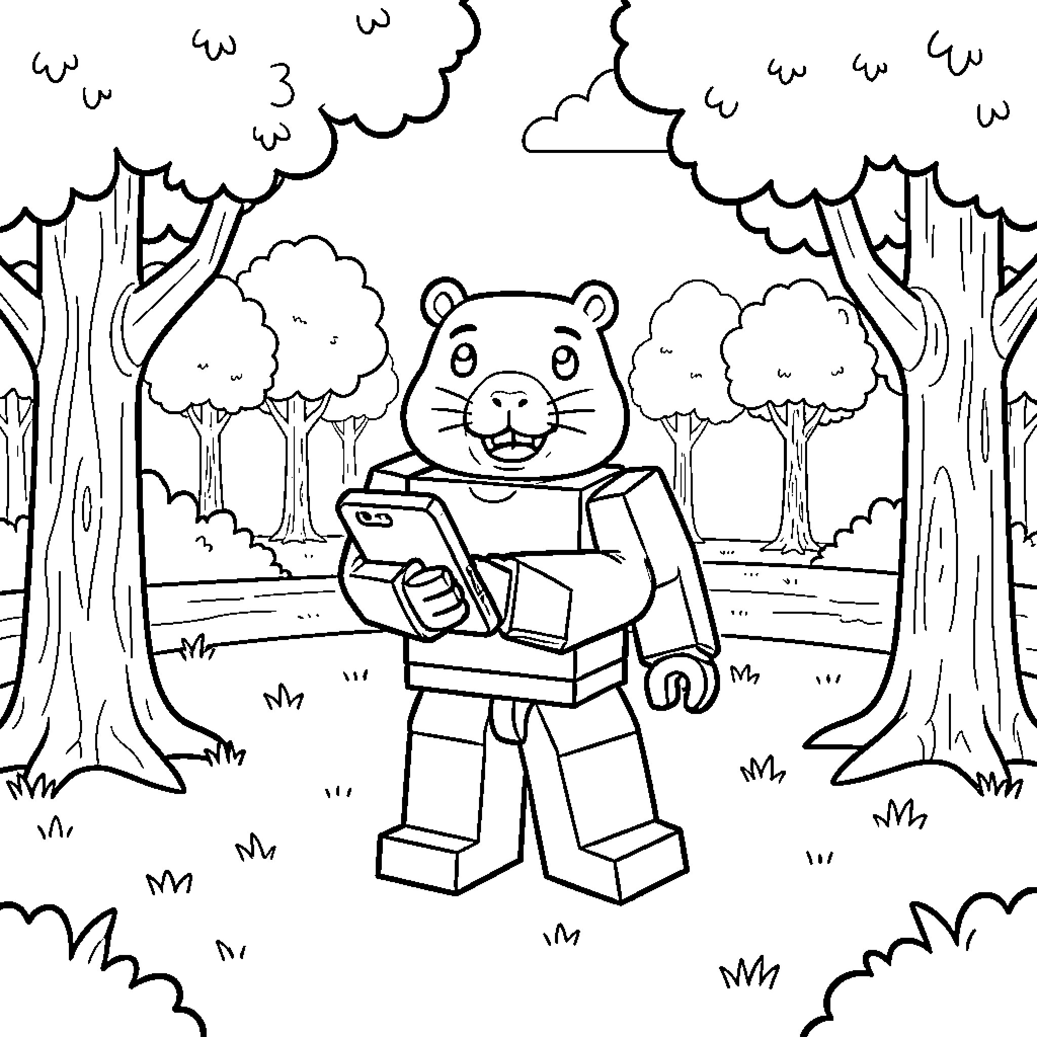 Capybara exploring the forest with electronic device Coloring Page (free black-and-white line drawing printable PDF for all, from beginners to advanced learners, including children, teens, adults, and seniors)