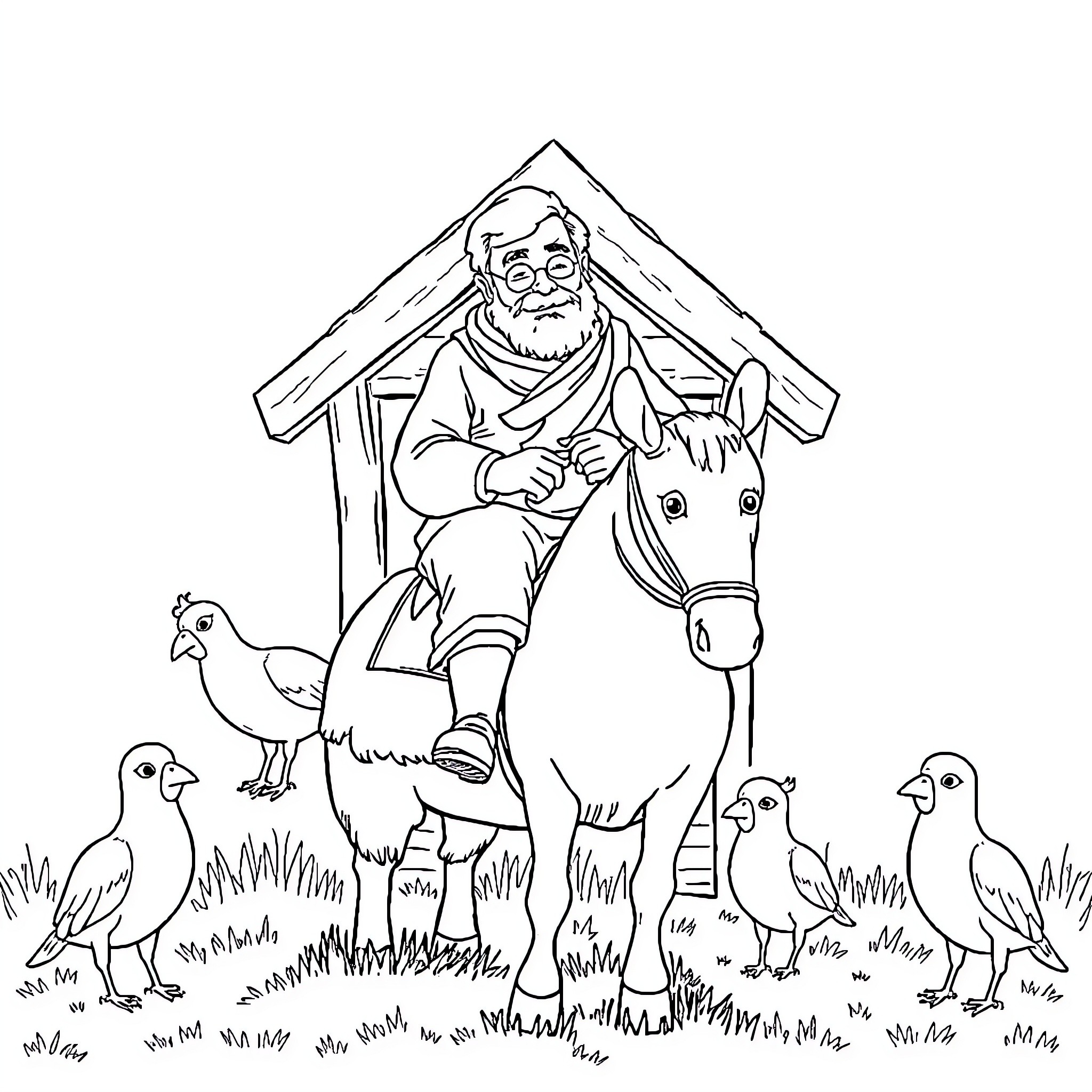 Mofa's Peaceful Farm Life with Animals Coloring Page (free black-and-white line drawing printable PDF for all, from beginners to advanced learners, including children, teens, adults, and seniors)