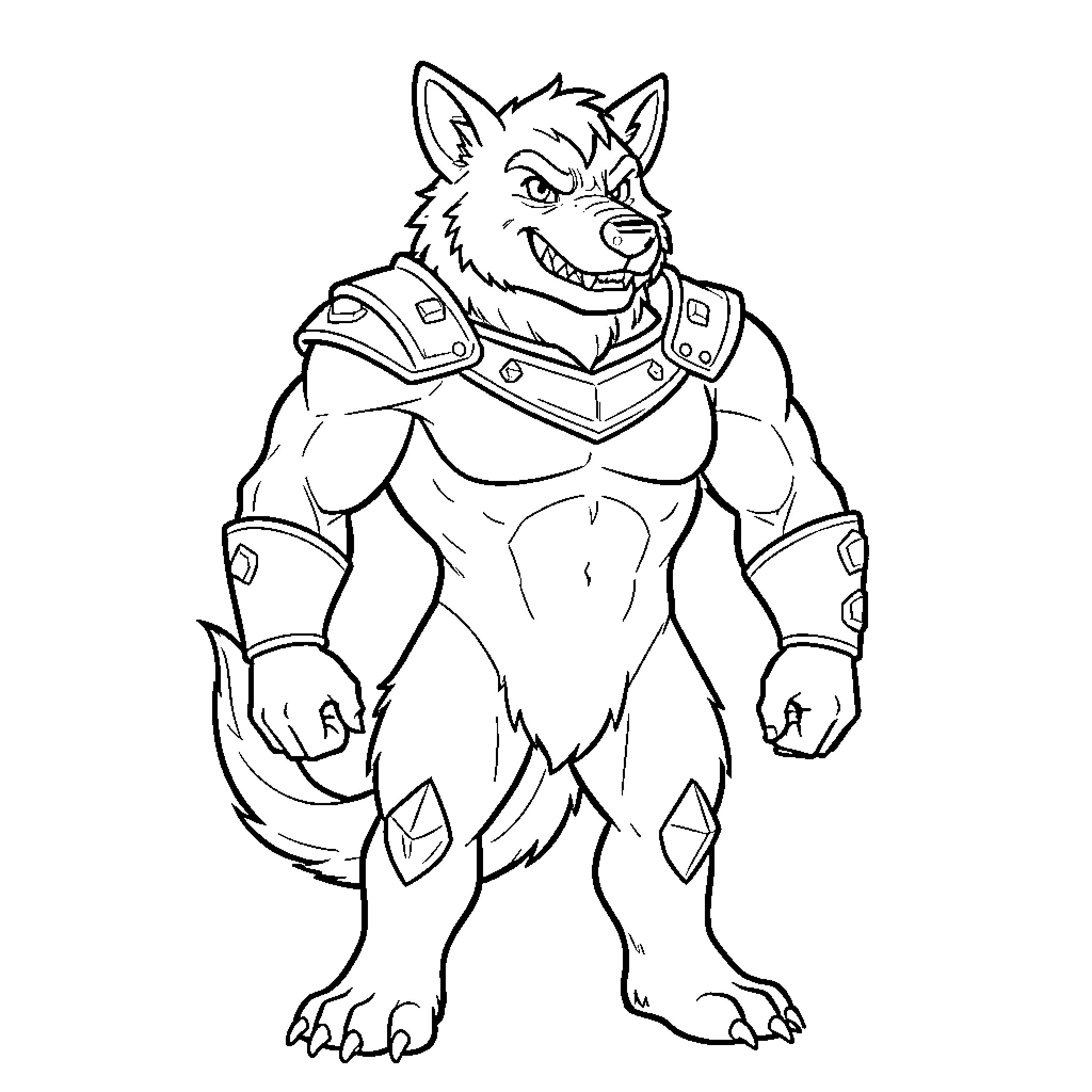 Werehog wearing armor and posing with a grin Coloring Page (free black-and-white line drawing printable PDF for all, from beginners to advanced learners, including children, teens, adults, and seniors)