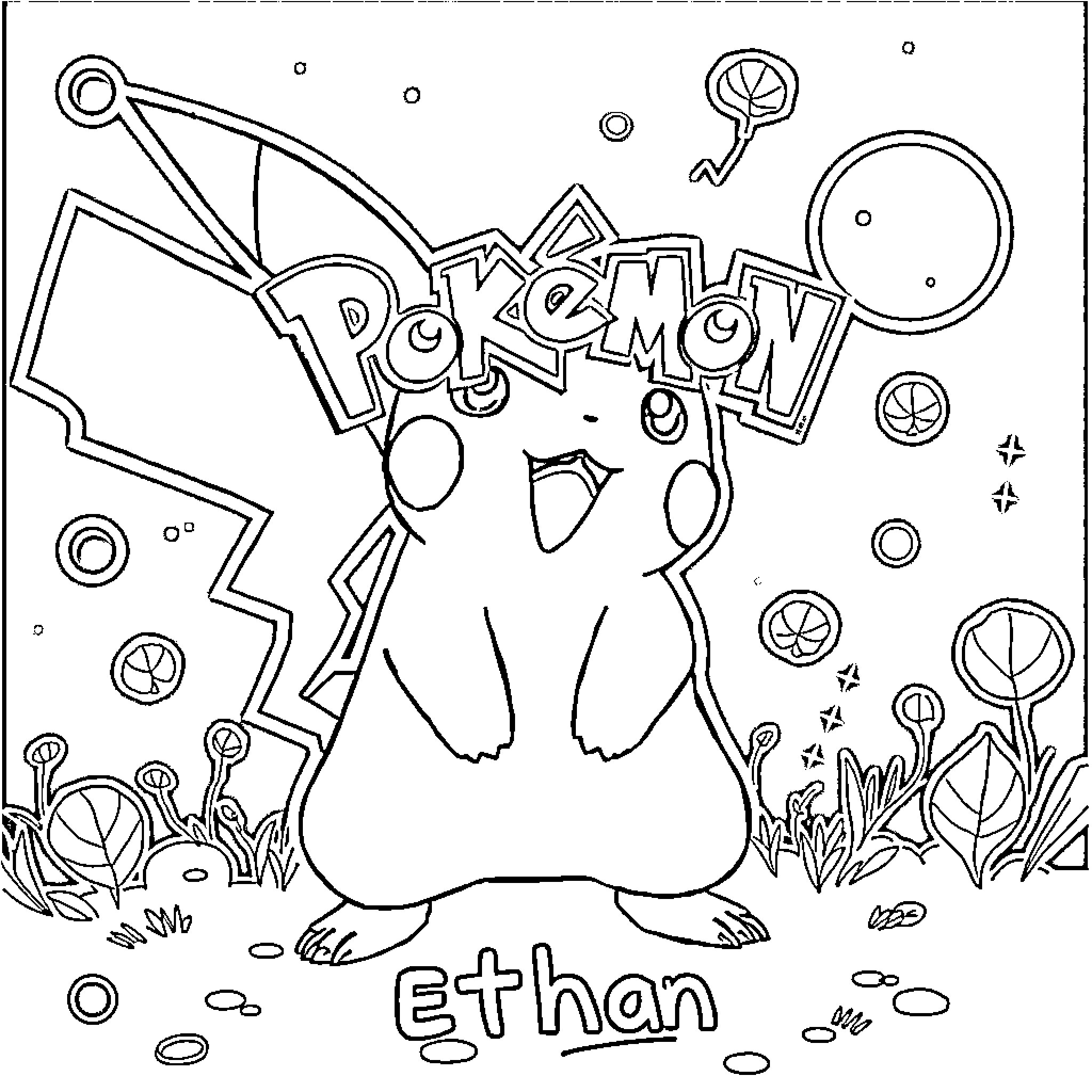 Pokémon character smiling joyfully amidst floating bubbles and nature Coloring Page (free black-and-white line drawing printable PDF for all, from beginners to advanced learners, including children, teens, adults, and seniors)