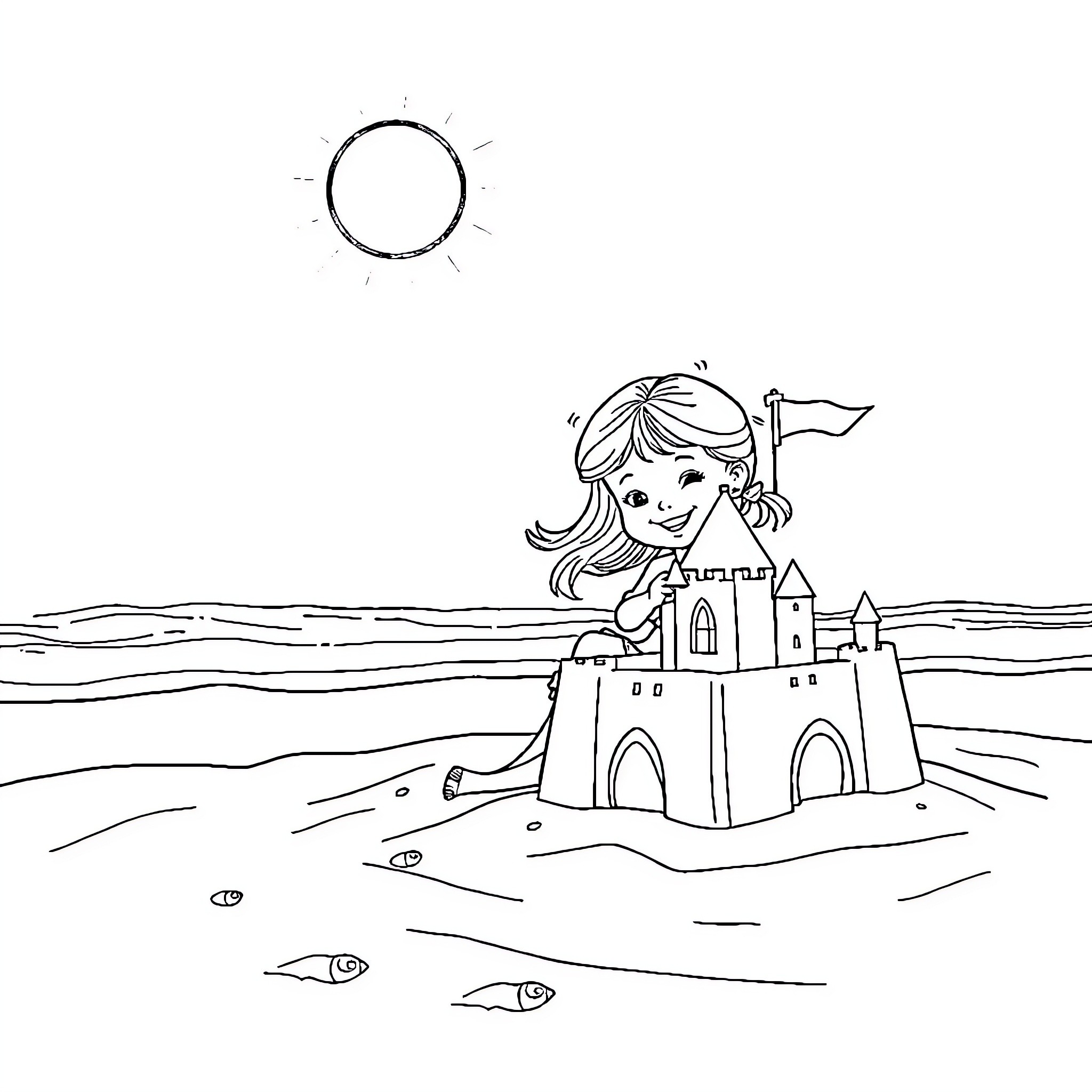 Girl building a sandcastle on the beach Coloring Page (free black-and-white line drawing printable PDF for all, from beginners to advanced learners, including children, teens, adults, and seniors)