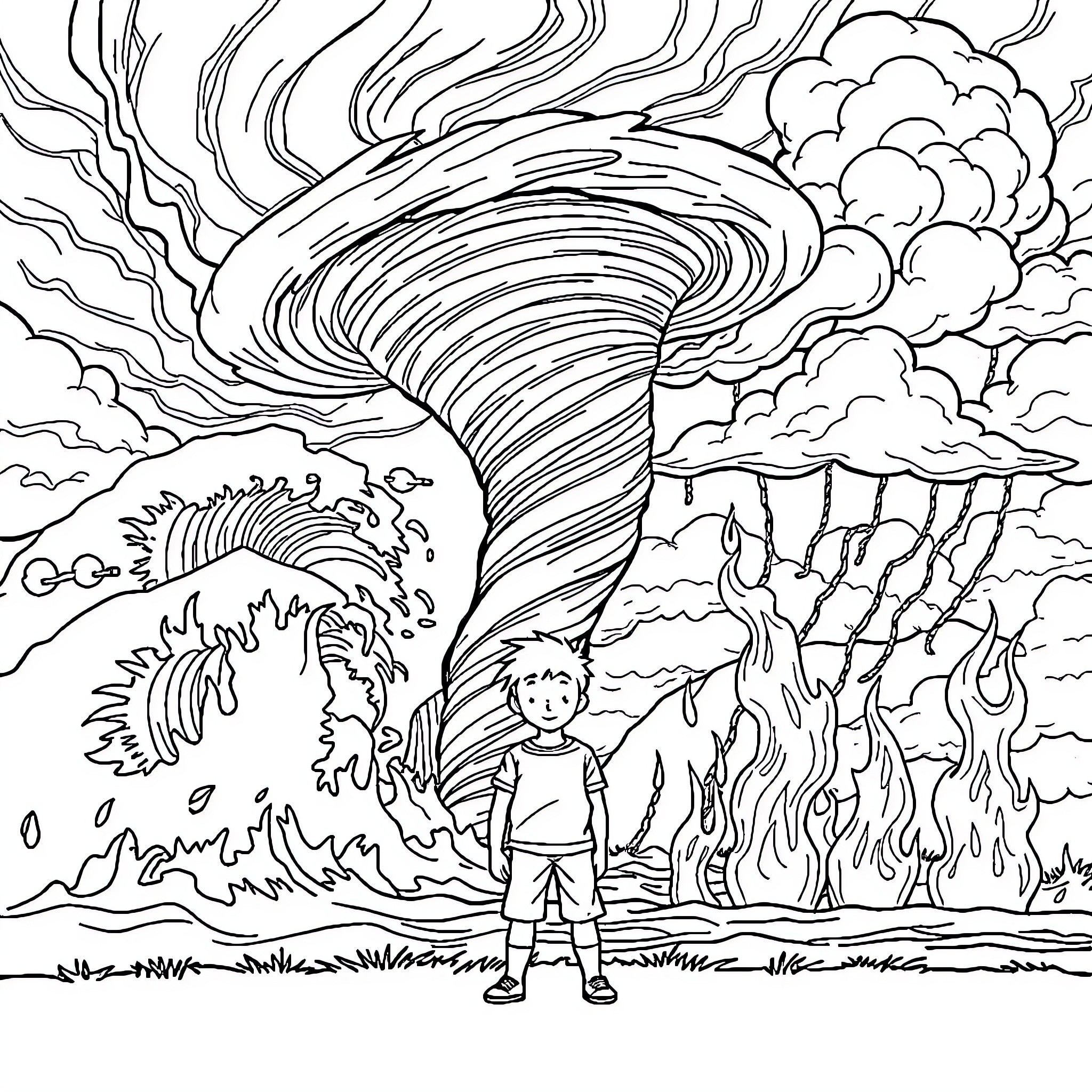 Boy facing powerful natural forces in the storm Coloring Page (free black-and-white line drawing printable PDF for all, from beginners to advanced learners, including children, teens, adults, and seniors)