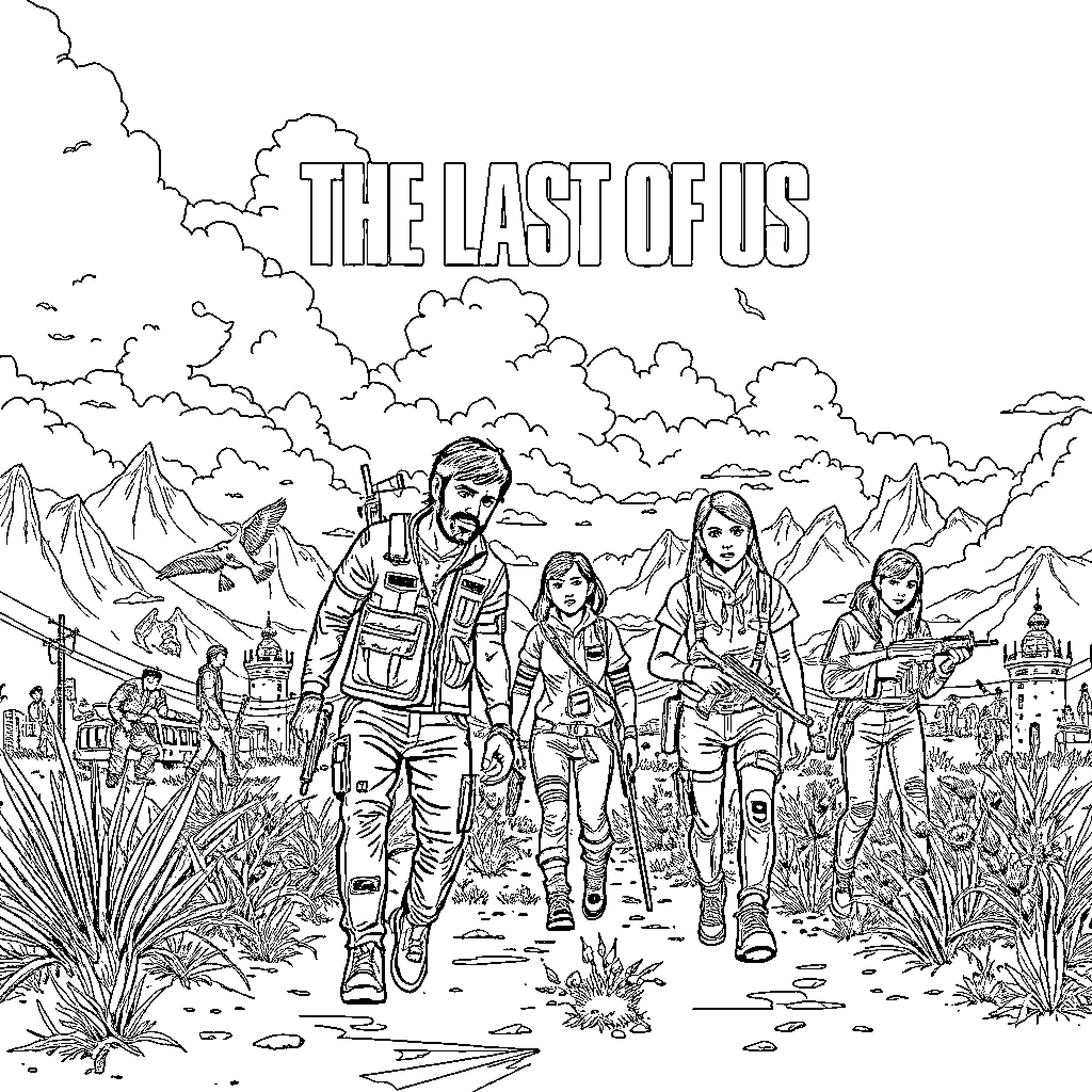 The Last Of Us - Characters Exploring Ruined Landscape Coloring Page (free black-and-white line drawing printable PDF for all, from beginners to advanced learners, including children, teens, adults, and seniors)