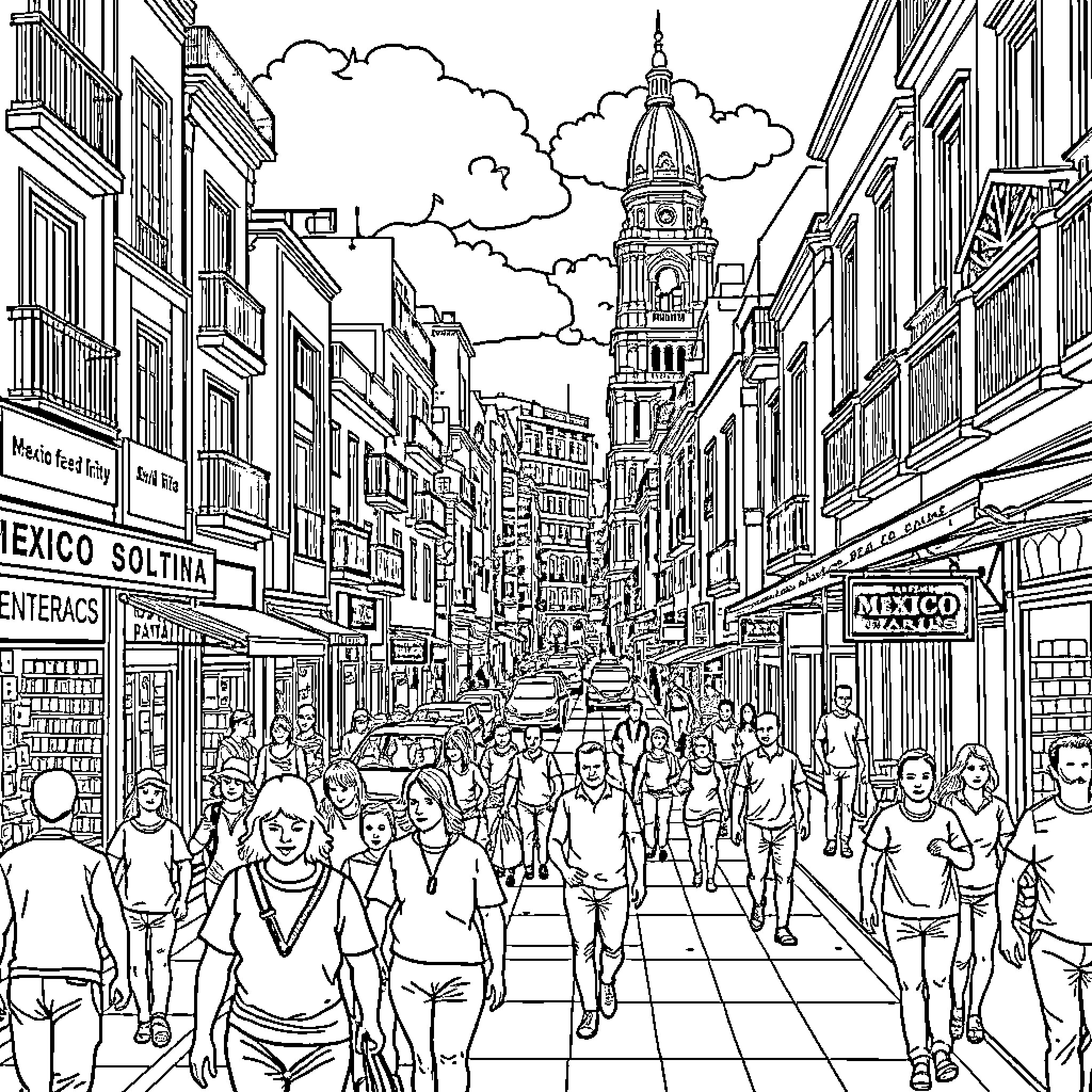Mexico City: Bustling Street Scene with Architectural Landmarks Coloring Page (free black-and-white line drawing printable PDF for all, from beginners to advanced learners, including children, teens, adults, and seniors)