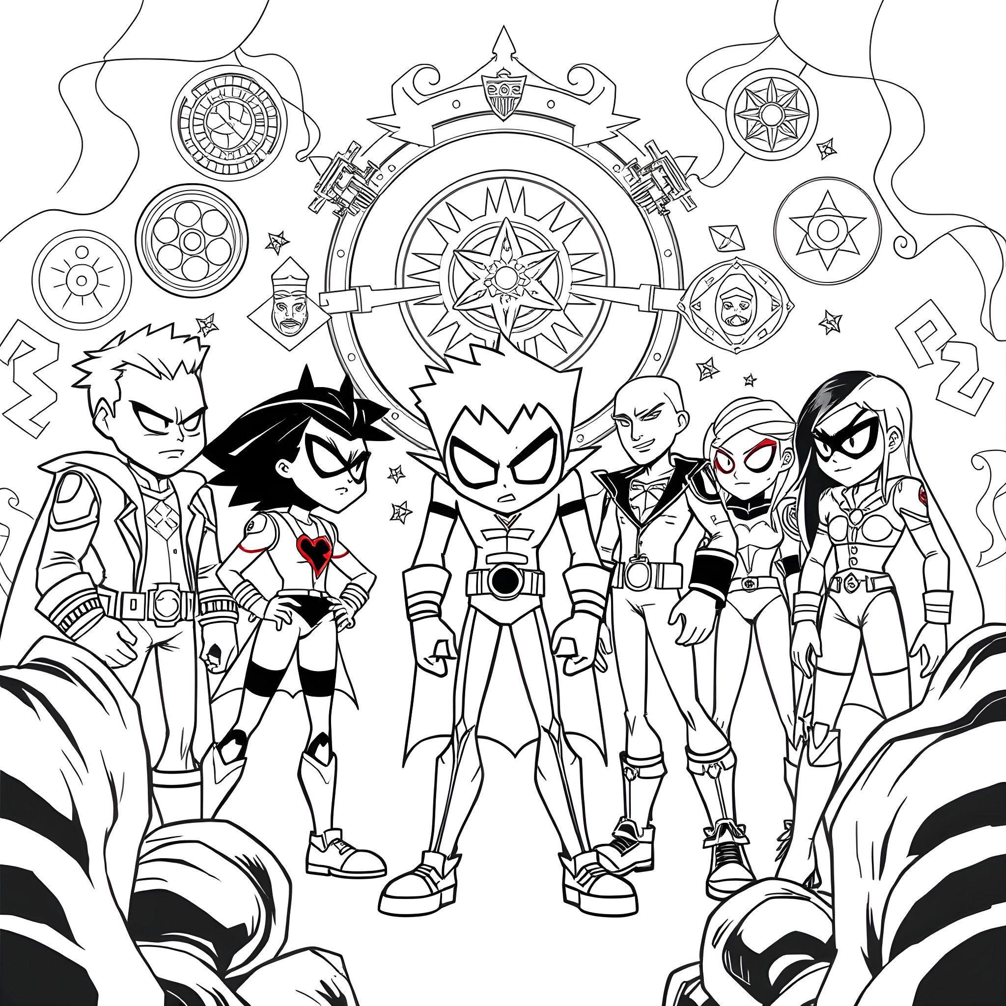 Teen Titans Assembled for Action Coloring Page (free black-and-white line drawing printable PDF for all, from beginners to advanced learners, including children, teens, adults, and seniors)