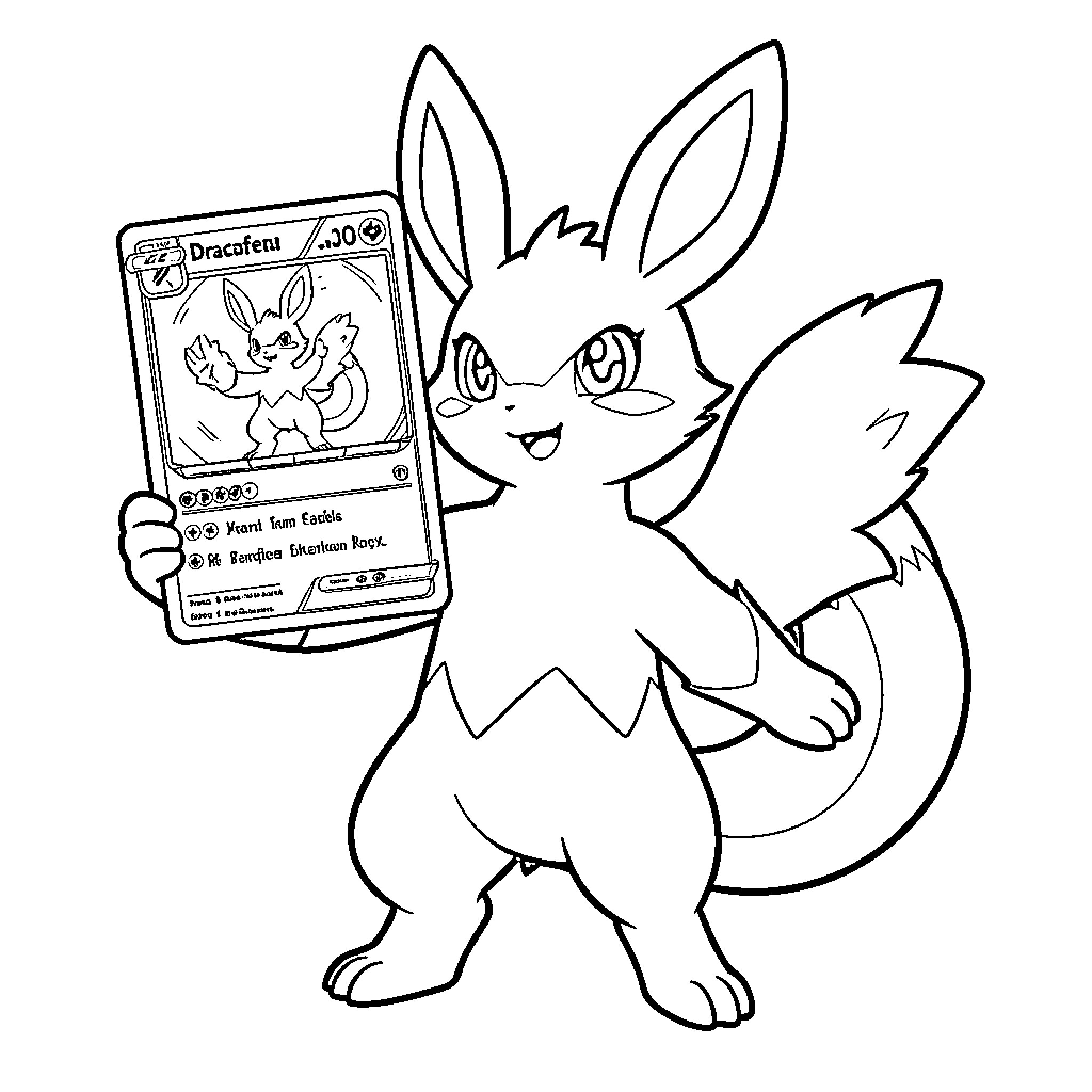 Dracaufeu holding up a trading card with pride Coloring Page (free black-and-white line drawing printable PDF for all, from beginners to advanced learners, including children, teens, adults, and seniors)