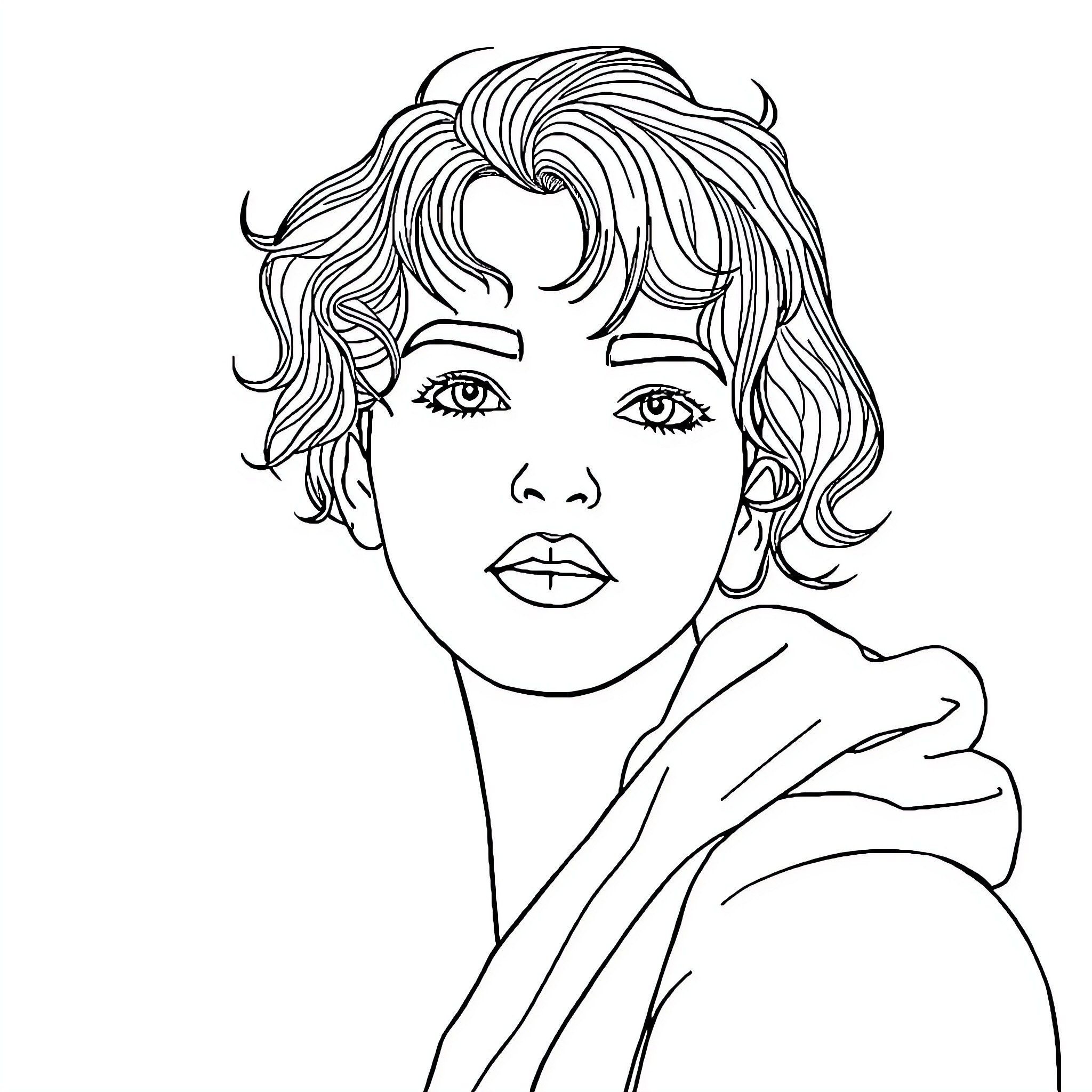 Desenhos para Colorir: Woman with Stylish Hair and Thoughtful Expression Coloring Page (free black-and-white line drawing printable PDF for all, from beginners to advanced learners, including children, teens, adults, and seniors)