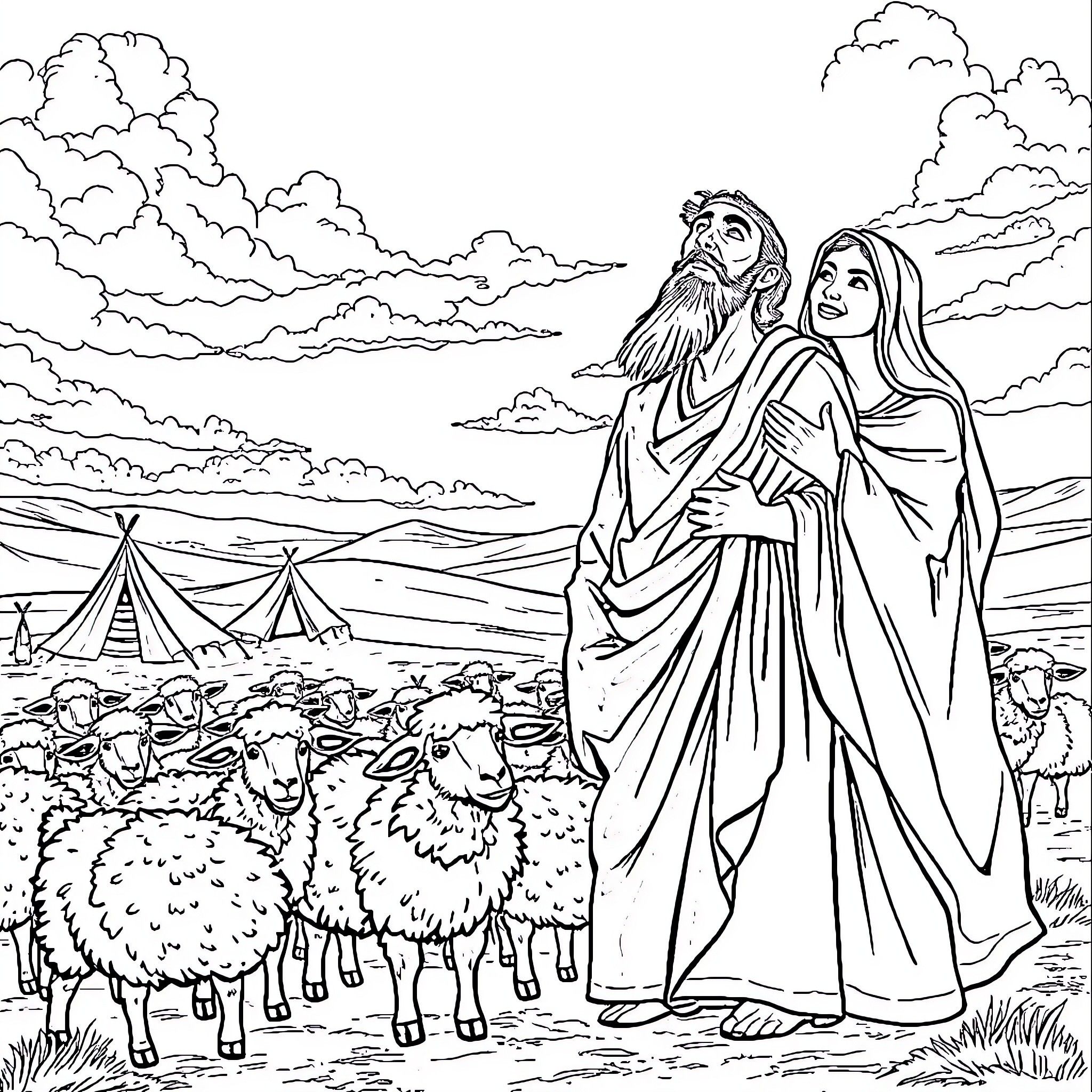 Abraham and his wife in the desert with sheep Coloring Page (free black-and-white line drawing printable PDF for all, from beginners to advanced learners, including children, teens, adults, and seniors)