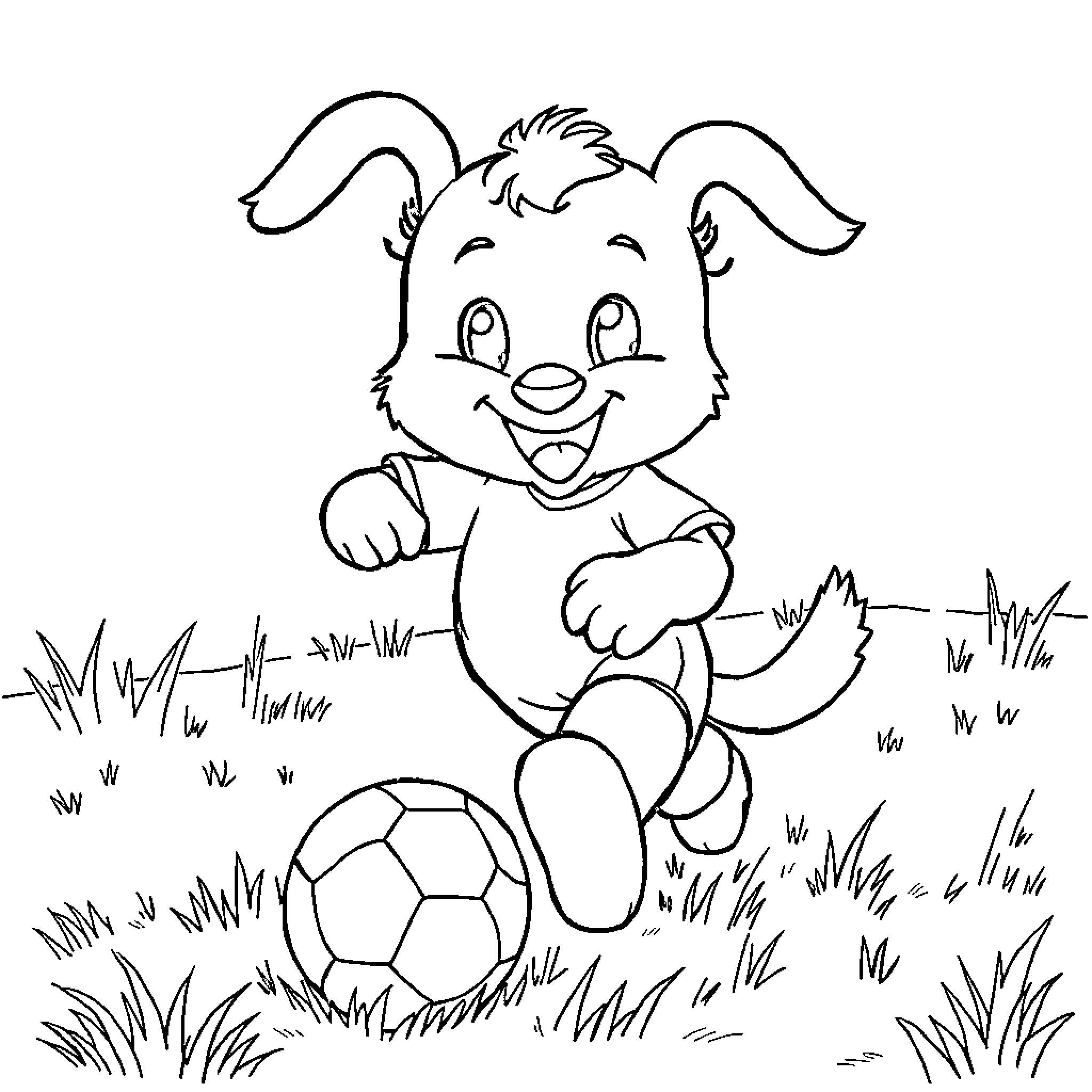 Bluey playing happily with a soccer ball in the grass Coloring Page (free black-and-white line drawing printable PDF for all, from beginners to advanced learners, including children, teens, adults, and seniors)
