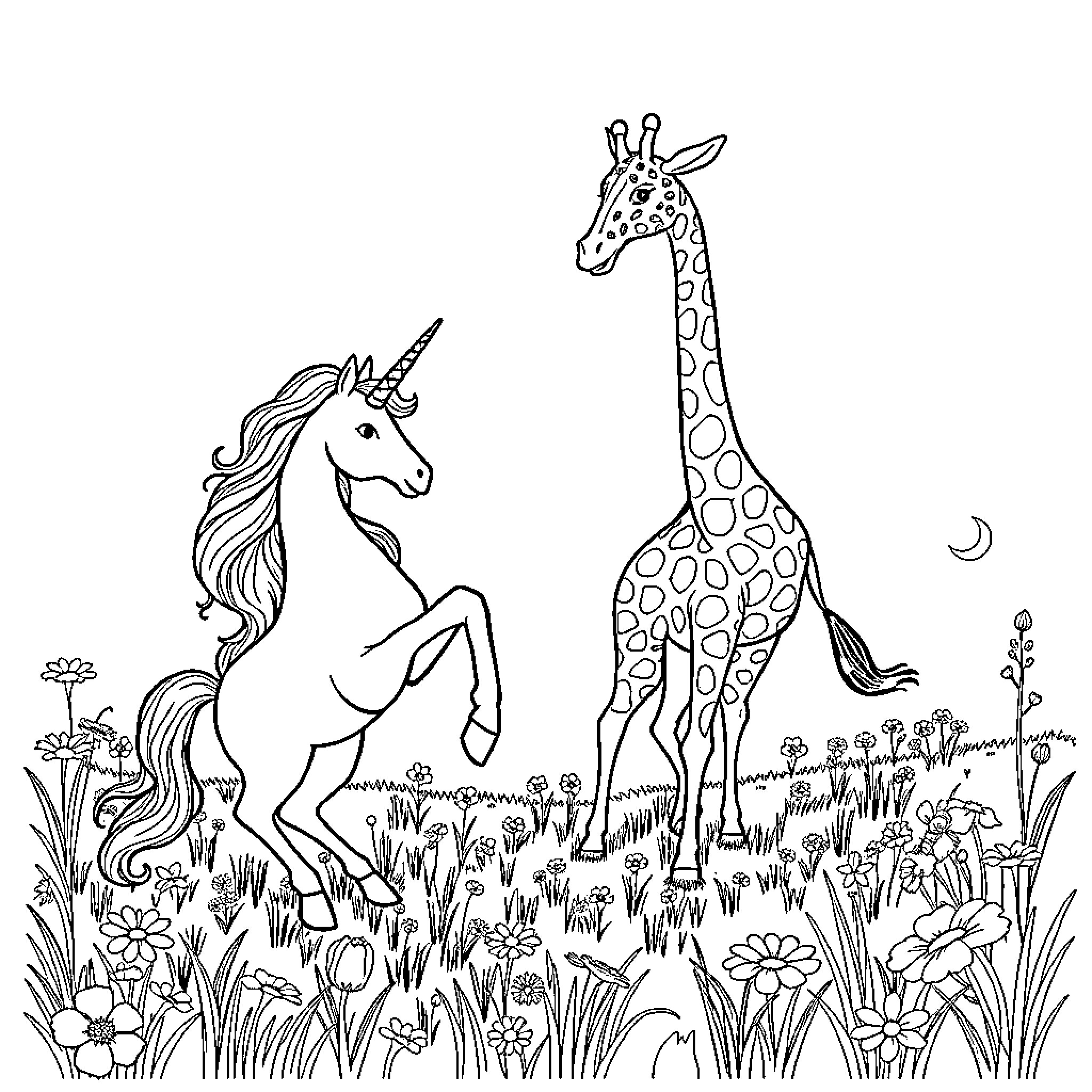 Unicorn and Giraffe Frolicking in a Magical Field Coloring Page (free black-and-white line drawing printable PDF for all, from beginners to advanced learners, including children, teens, adults, and seniors)
