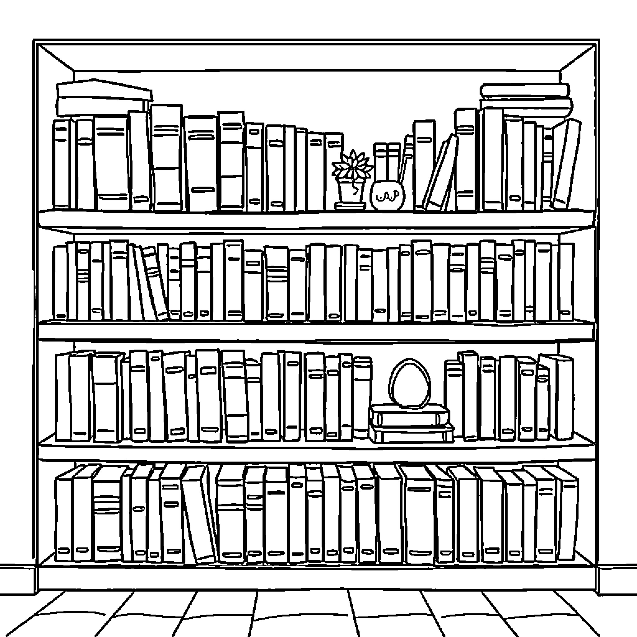 Bookshelf filled with numerous books and a small plant Coloring Page (free black-and-white line drawing printable PDF for all, from beginners to advanced learners, including children, teens, adults, and seniors)