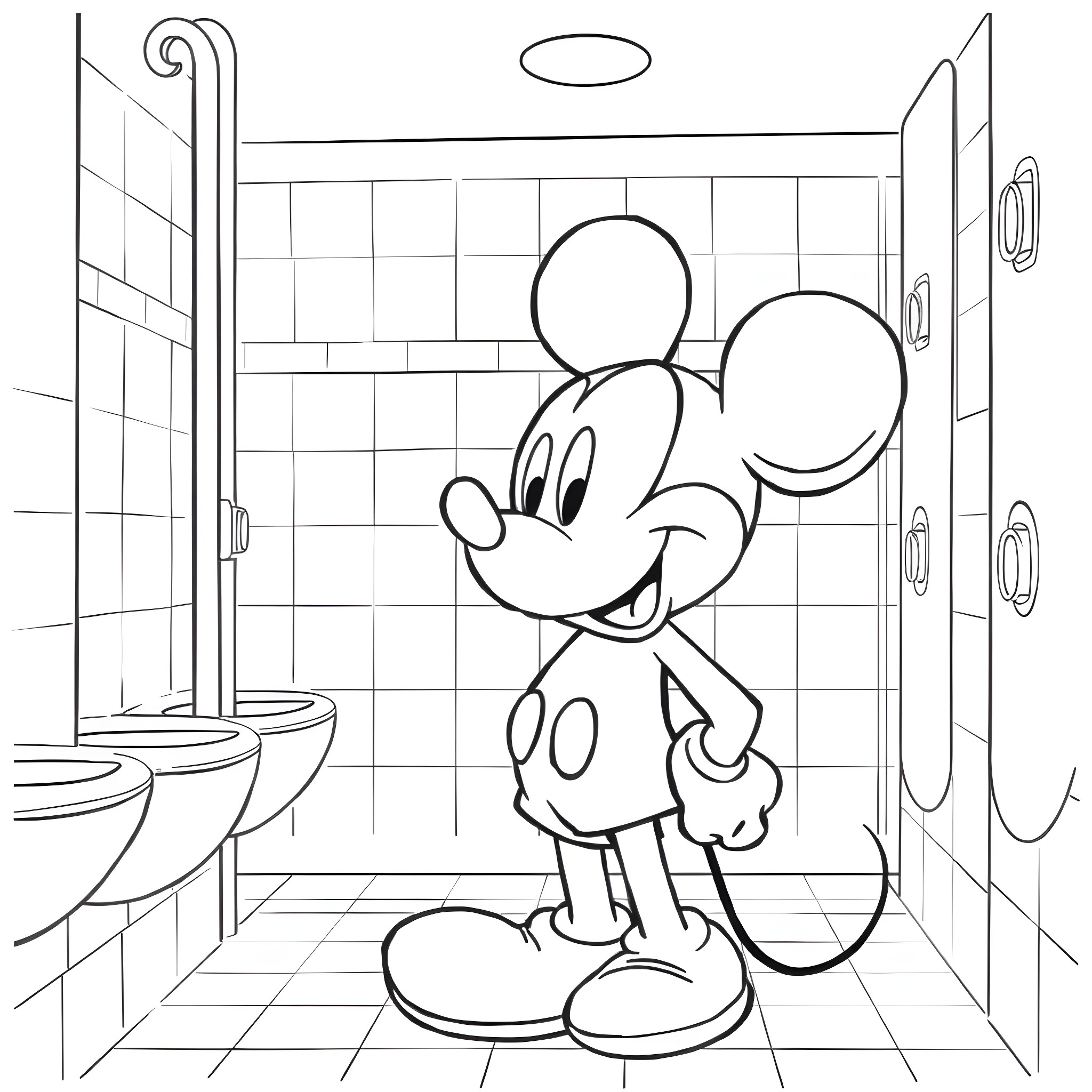 Mickey Mouse in the Bathroom Coloring Page (free black-and-white line drawing printable PDF for all, from beginners to advanced learners, including children, teens, adults, and seniors)