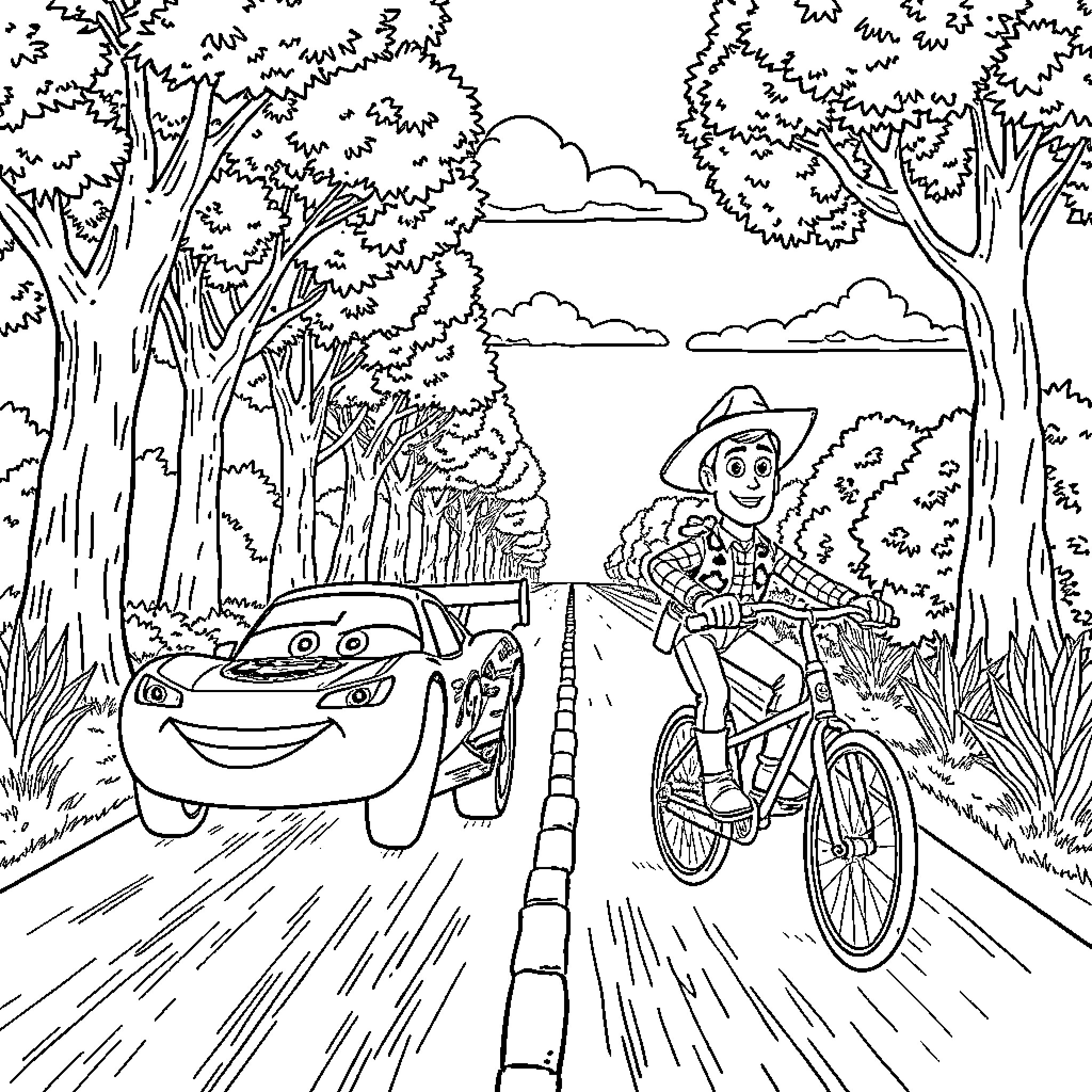 Lightning McQueen and Woody on a bike ride through the forest Coloring Page (free black-and-white line drawing printable PDF for all, from beginners to advanced learners, including children, teens, adults, and seniors)