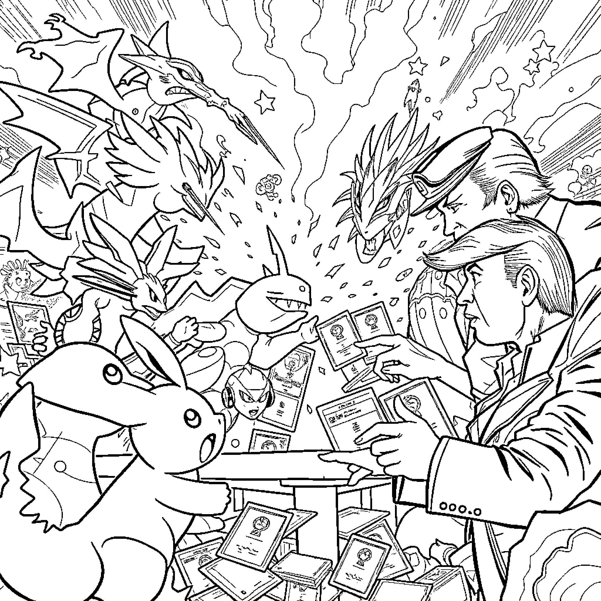Character battle with magical creatures and electronic devices Coloring Page (free black-and-white line drawing printable PDF for all, from beginners to advanced learners, including children, teens, adults, and seniors)