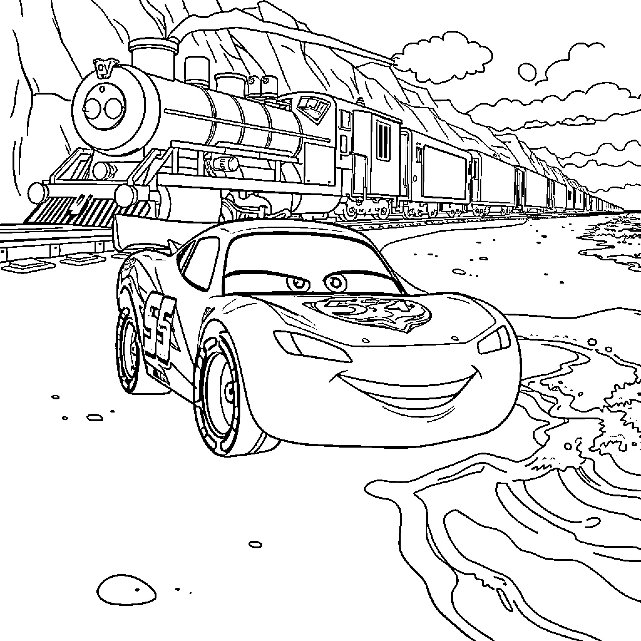 Lightning McQueen racing alongside a thundering train Coloring Page (free black-and-white line drawing printable PDF for all, from beginners to advanced learners, including children, teens, adults, and seniors)