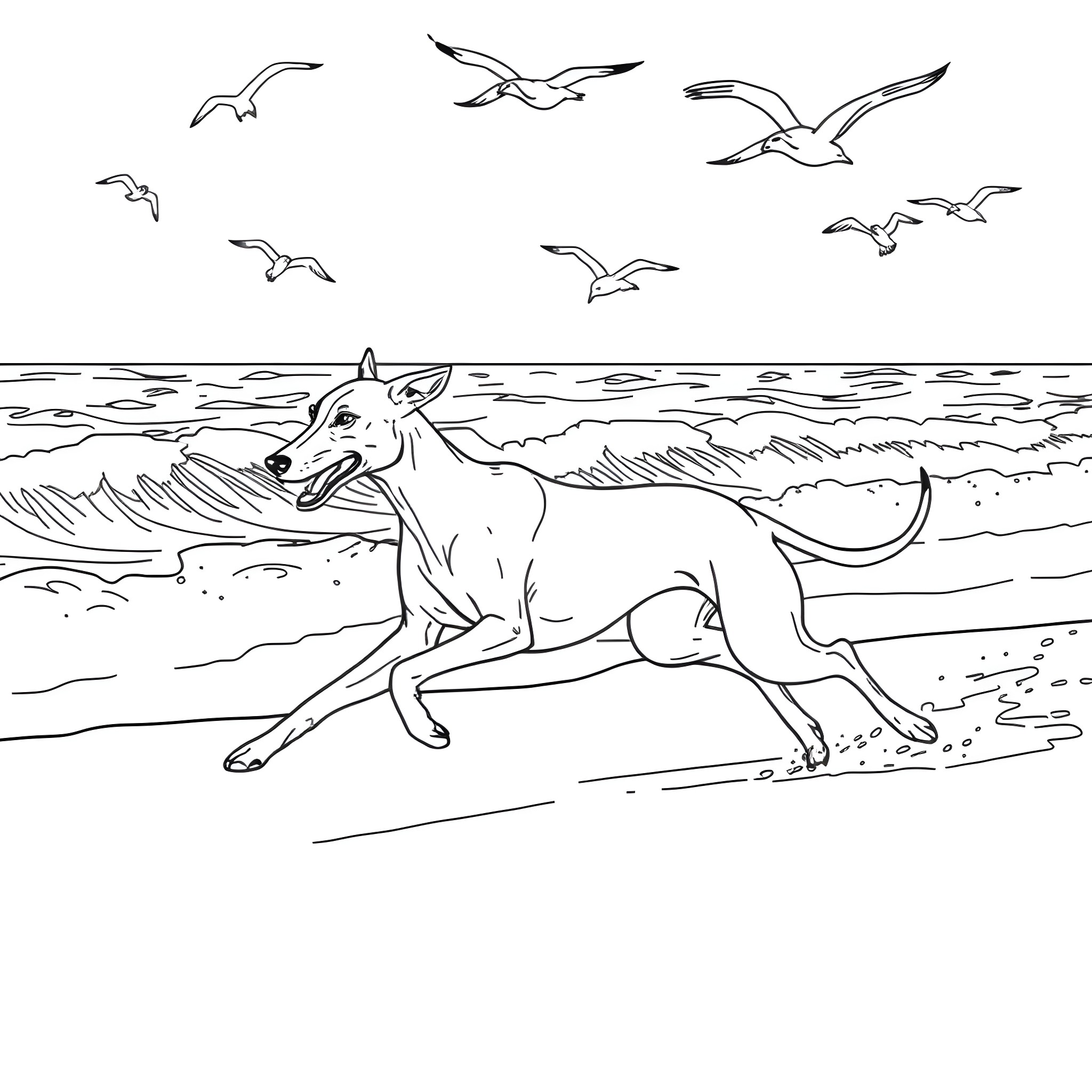 Greyhound running playfully on the beach Coloring Page (free black-and-white line drawing printable PDF for all, from beginners to advanced learners, including children, teens, adults, and seniors)