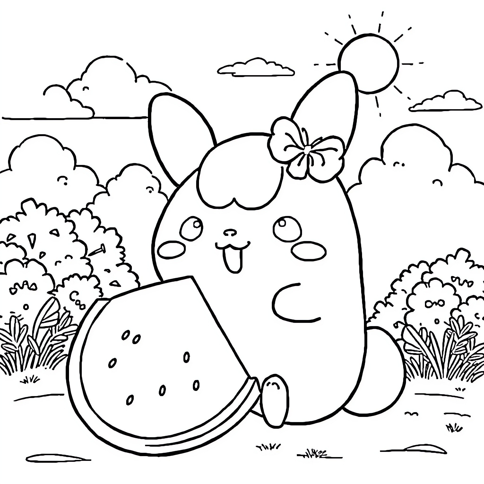 Cinnamoroll enjoying a watermelon in the park Coloring Page (free black-and-white line drawing printable PDF for all, from beginners to advanced learners, including children, teens, adults, and seniors)