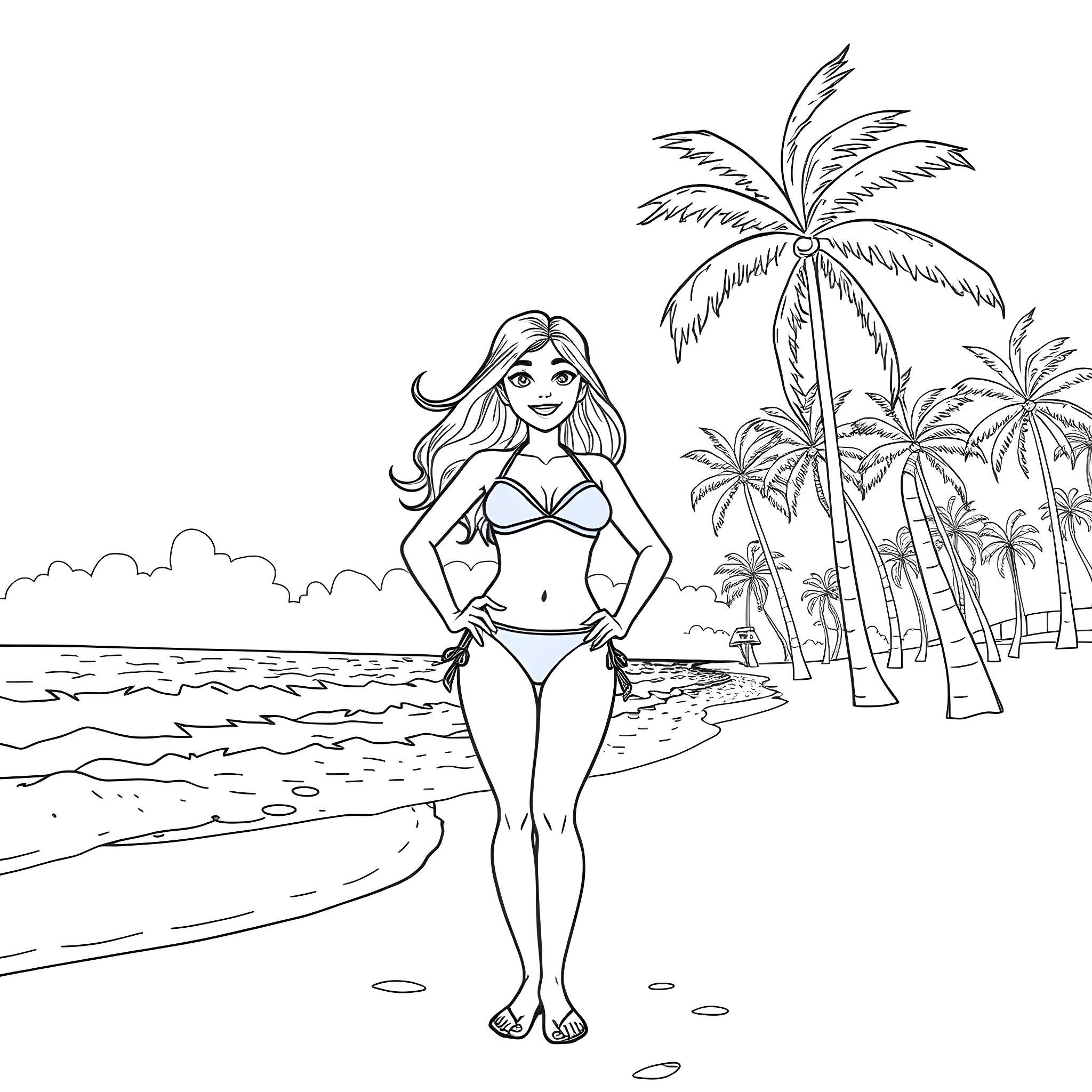 Girl enjoying a tropical beach vacation Coloring Page (free black-and-white line drawing printable PDF for all, from beginners to advanced learners, including children, teens, adults, and seniors)