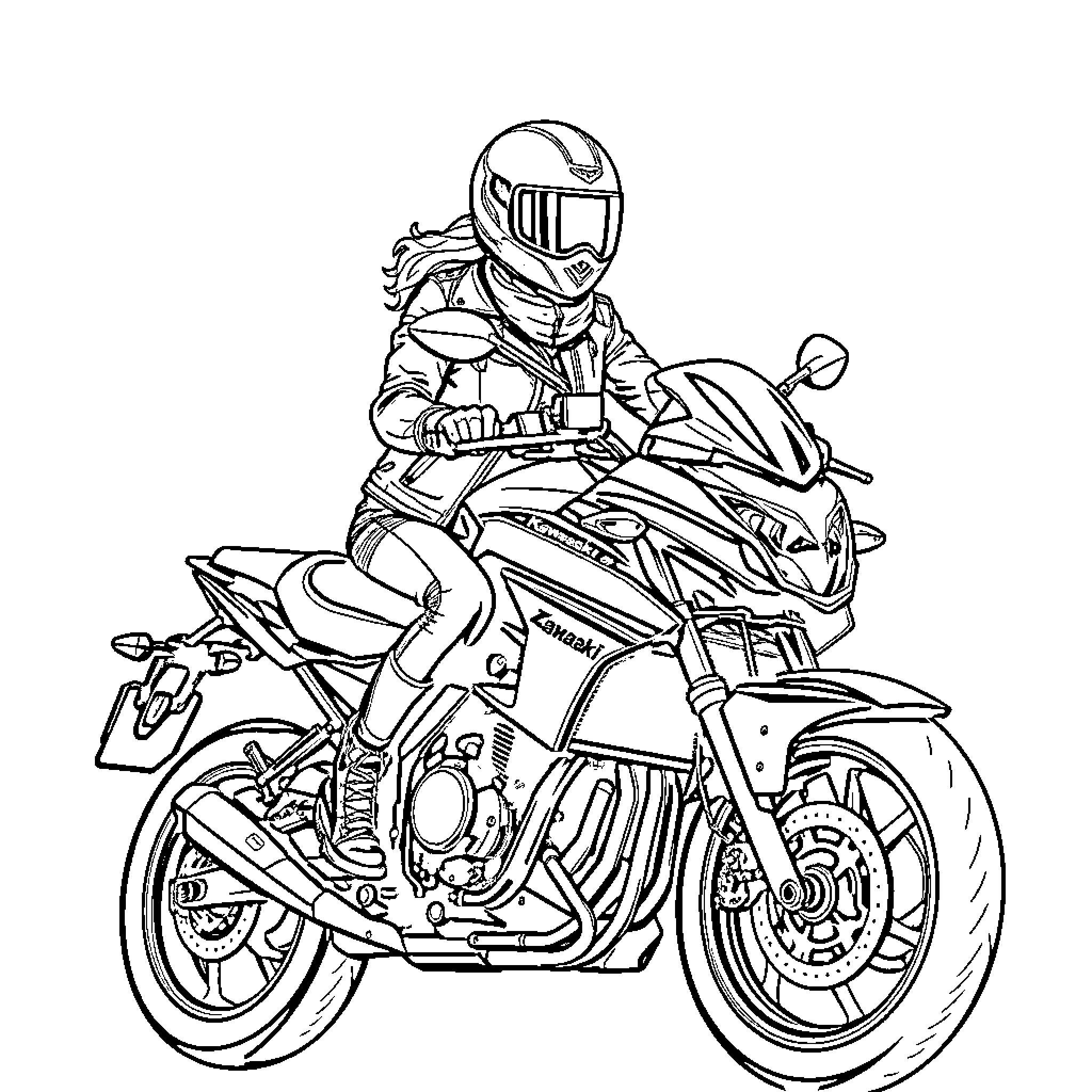 Rider on a powerful motorcycle Coloring Page (free black-and-white line drawing printable PDF for all, from beginners to advanced learners, including children, teens, adults, and seniors)