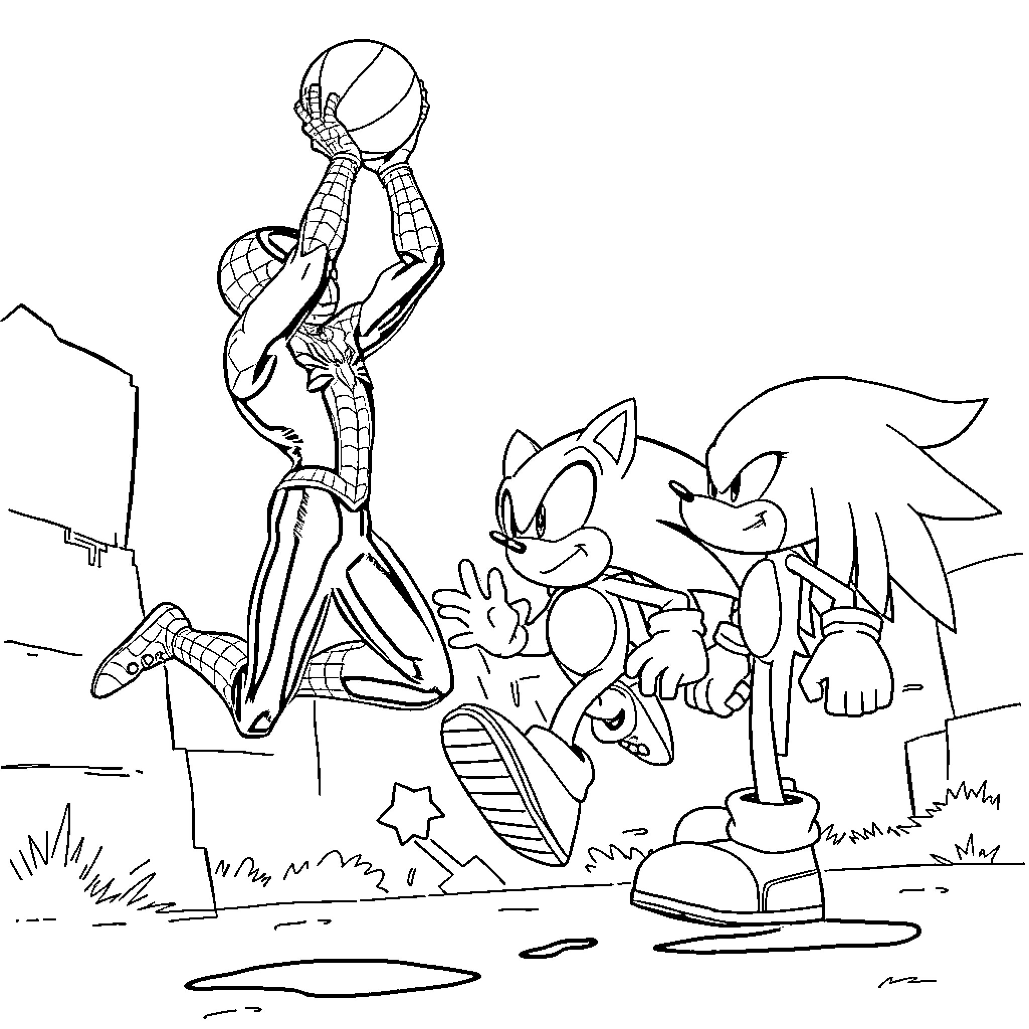 Spiderman swinging and Sonic the Hedgehog running in action Coloring Page (free black-and-white line drawing printable PDF for all, from beginners to advanced learners, including children, teens, adults, and seniors)