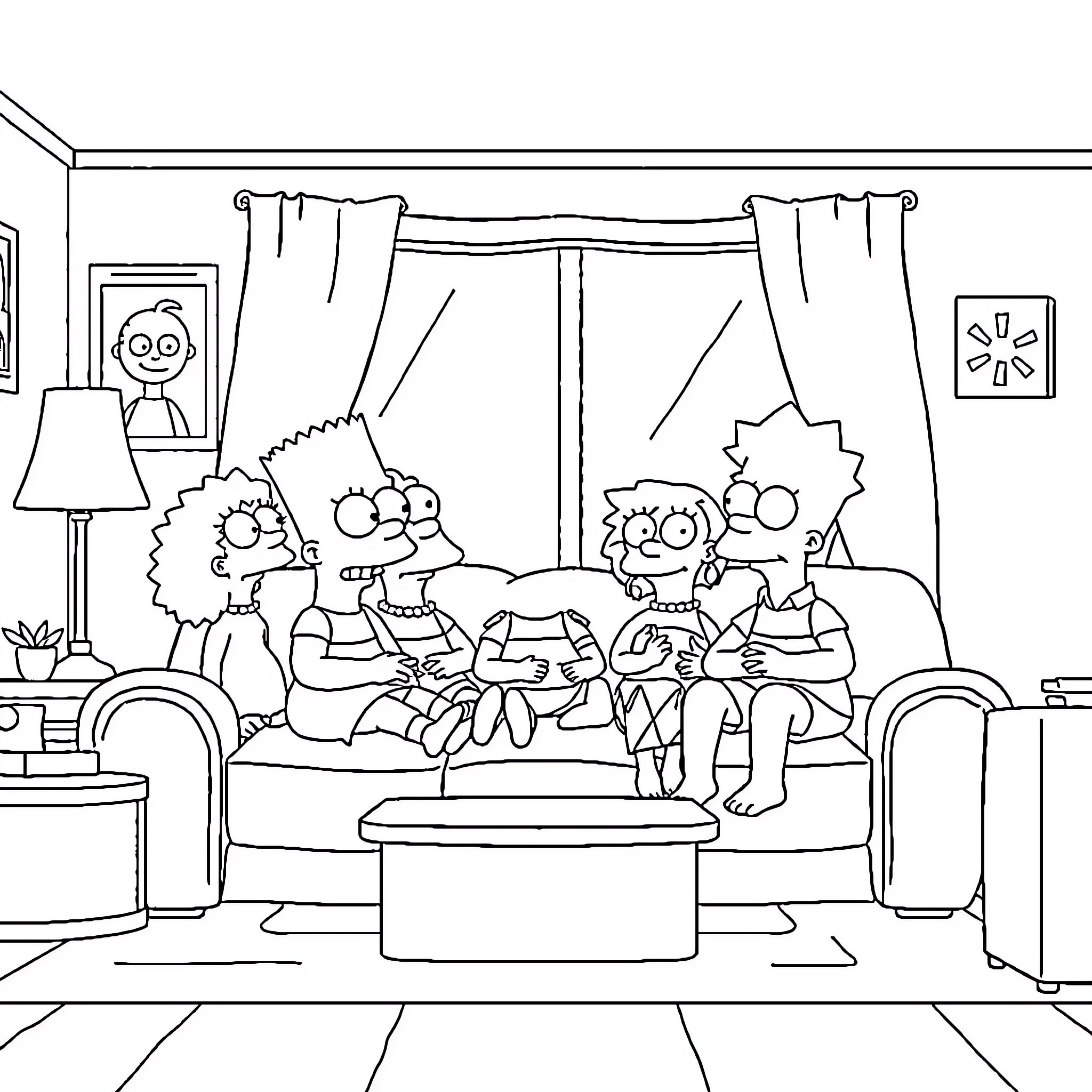 Simpson family relaxing together in living room Coloring Page (free black-and-white line drawing printable PDF for all, from beginners to advanced learners, including children, teens, adults, and seniors)