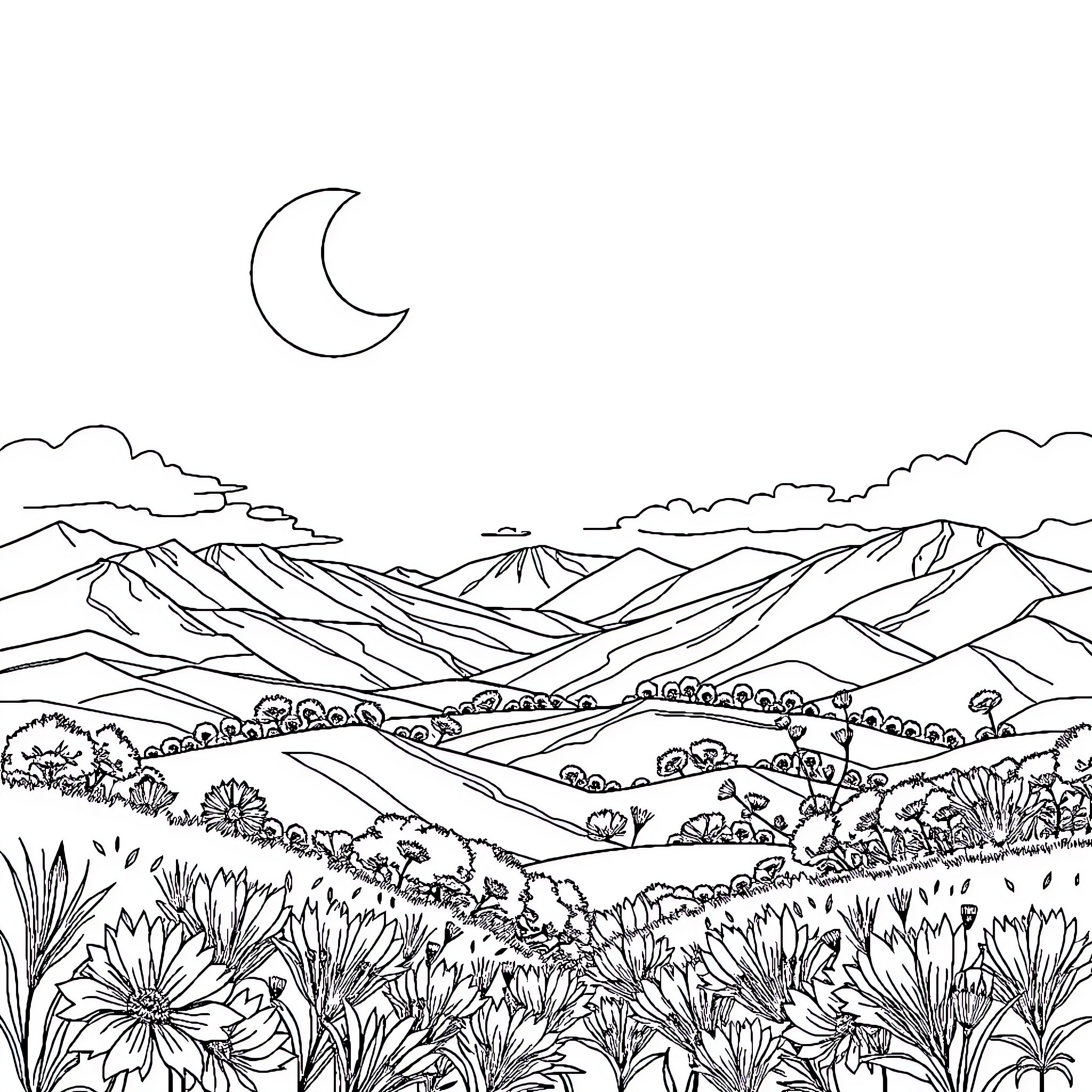Children's Nighttime Landscape with Moon Coloring Page (free black-and-white line drawing printable PDF for all, from beginners to advanced learners, including children, teens, adults, and seniors)