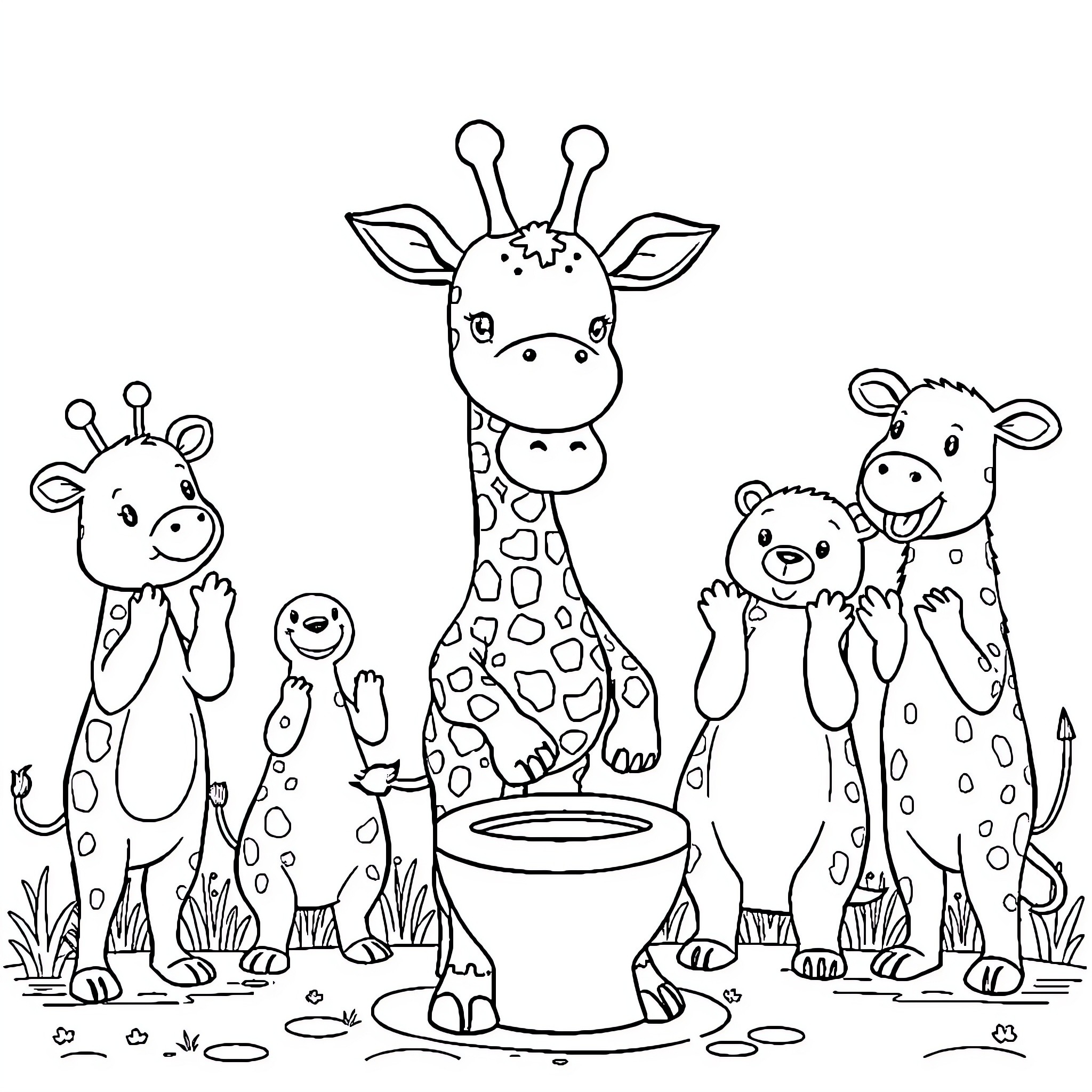 Giraffe and Friends Enjoying Outdoor Adventures Coloring Page (free black-and-white line drawing printable PDF for all, from beginners to advanced learners, including children, teens, adults, and seniors)