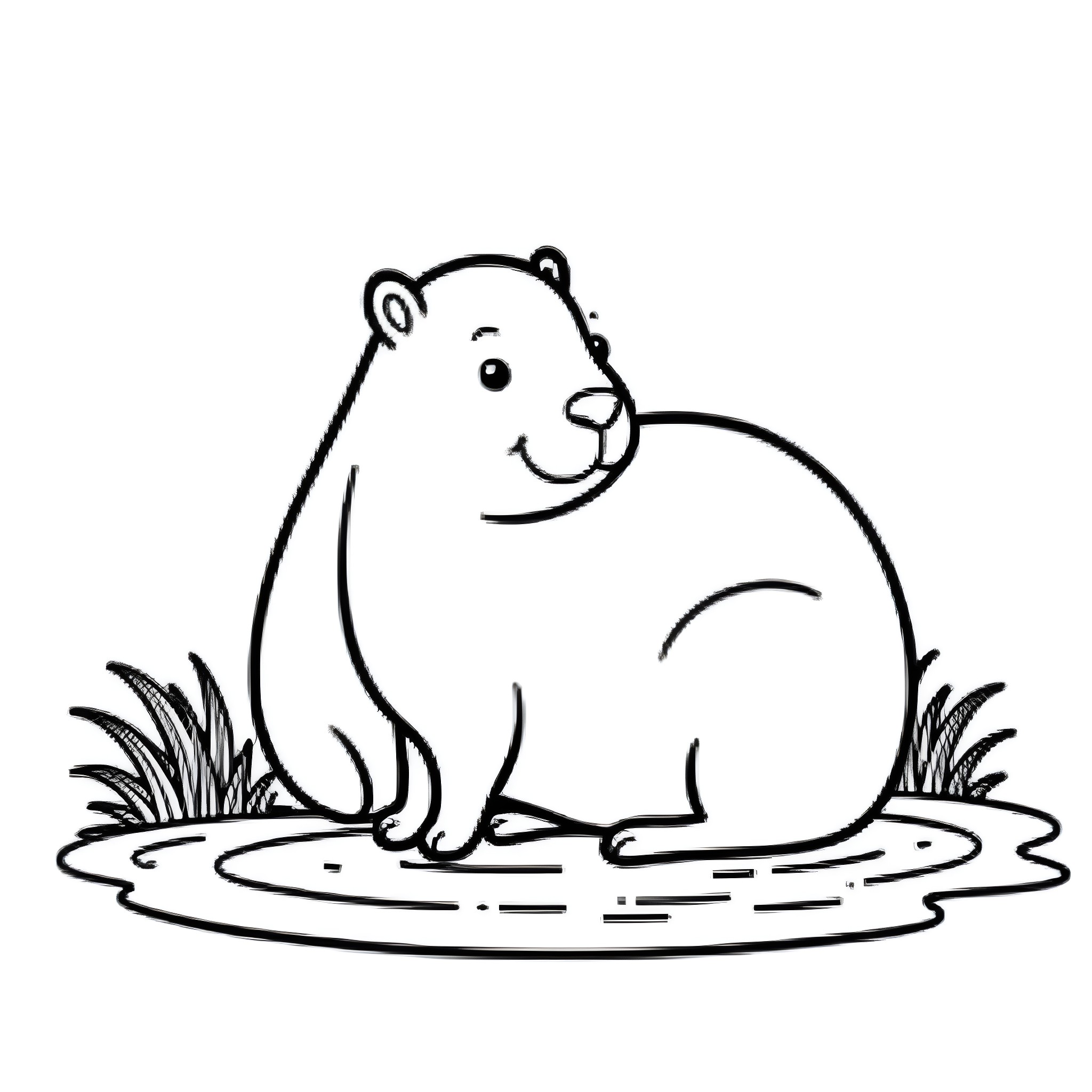 Capybara relaxing on a pond Coloring Page (free black-and-white line drawing printable PDF for all, from beginners to advanced learners, including children, teens, adults, and seniors)