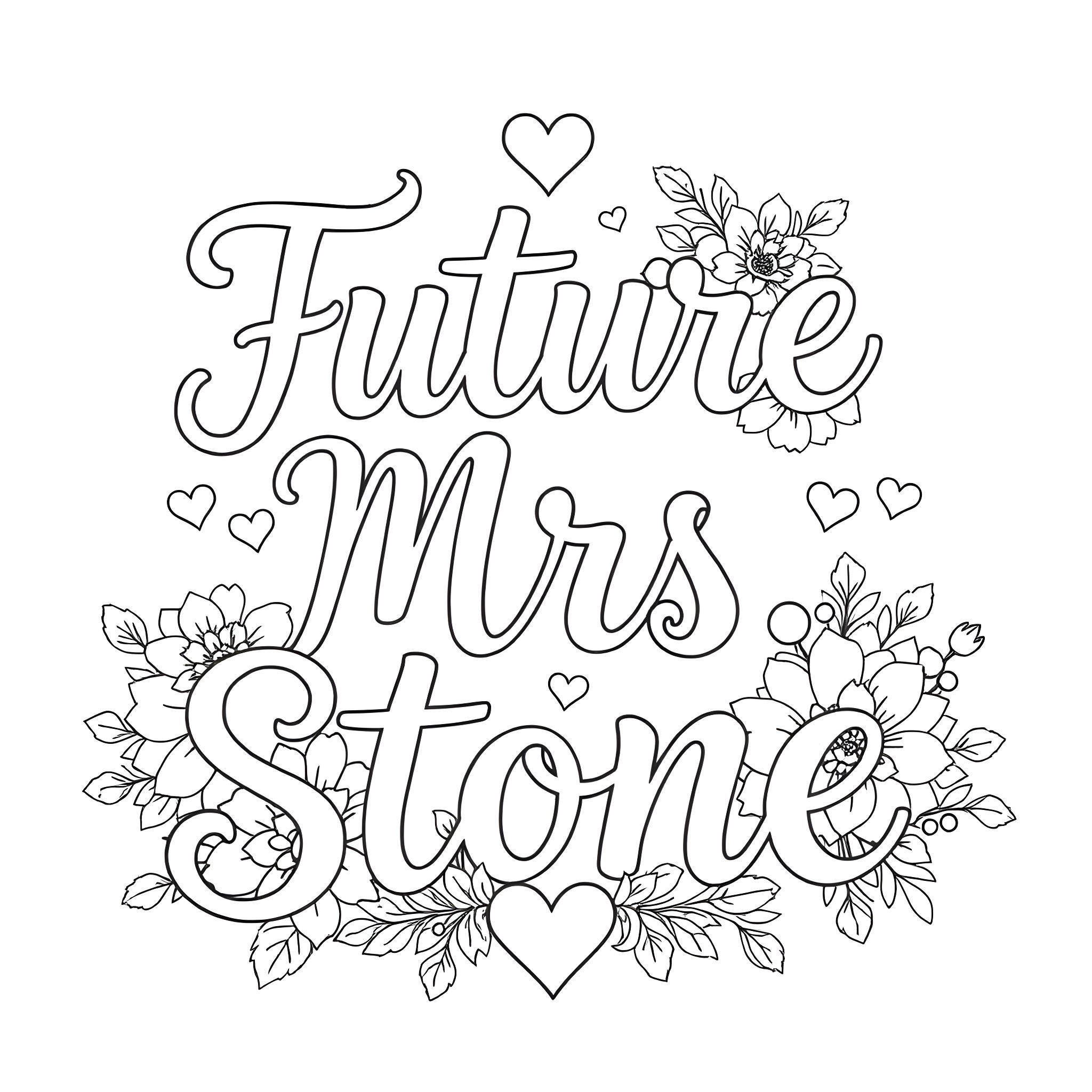 Font of love and flowers Coloring Page (free black-and-white line drawing printable PDF for all, from beginners to advanced learners, including children, teens, adults, and seniors)