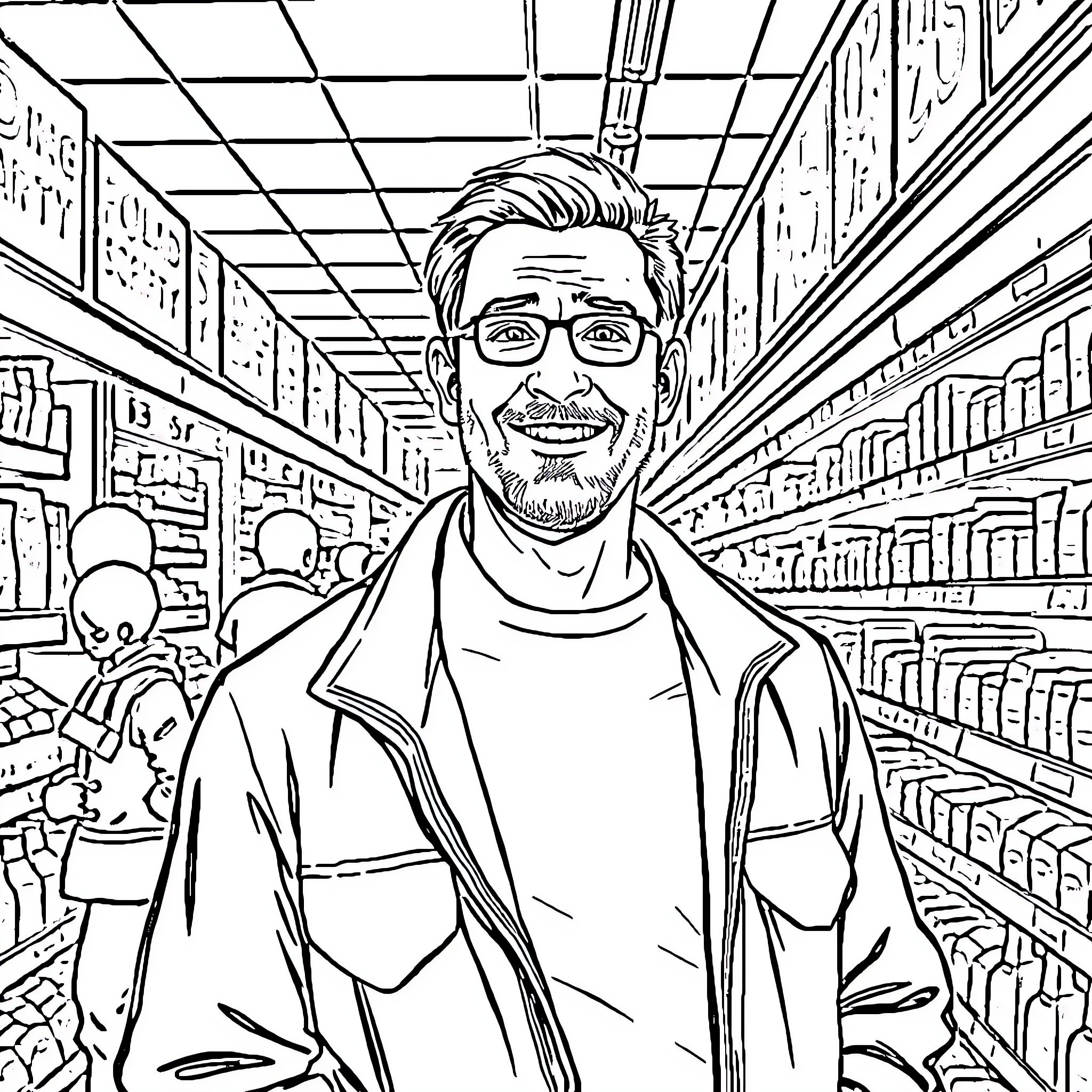 Dave Aldi browsing through a supermarket aisle Coloring Page (free black-and-white line drawing printable PDF for all, from beginners to advanced learners, including children, teens, adults, and seniors)