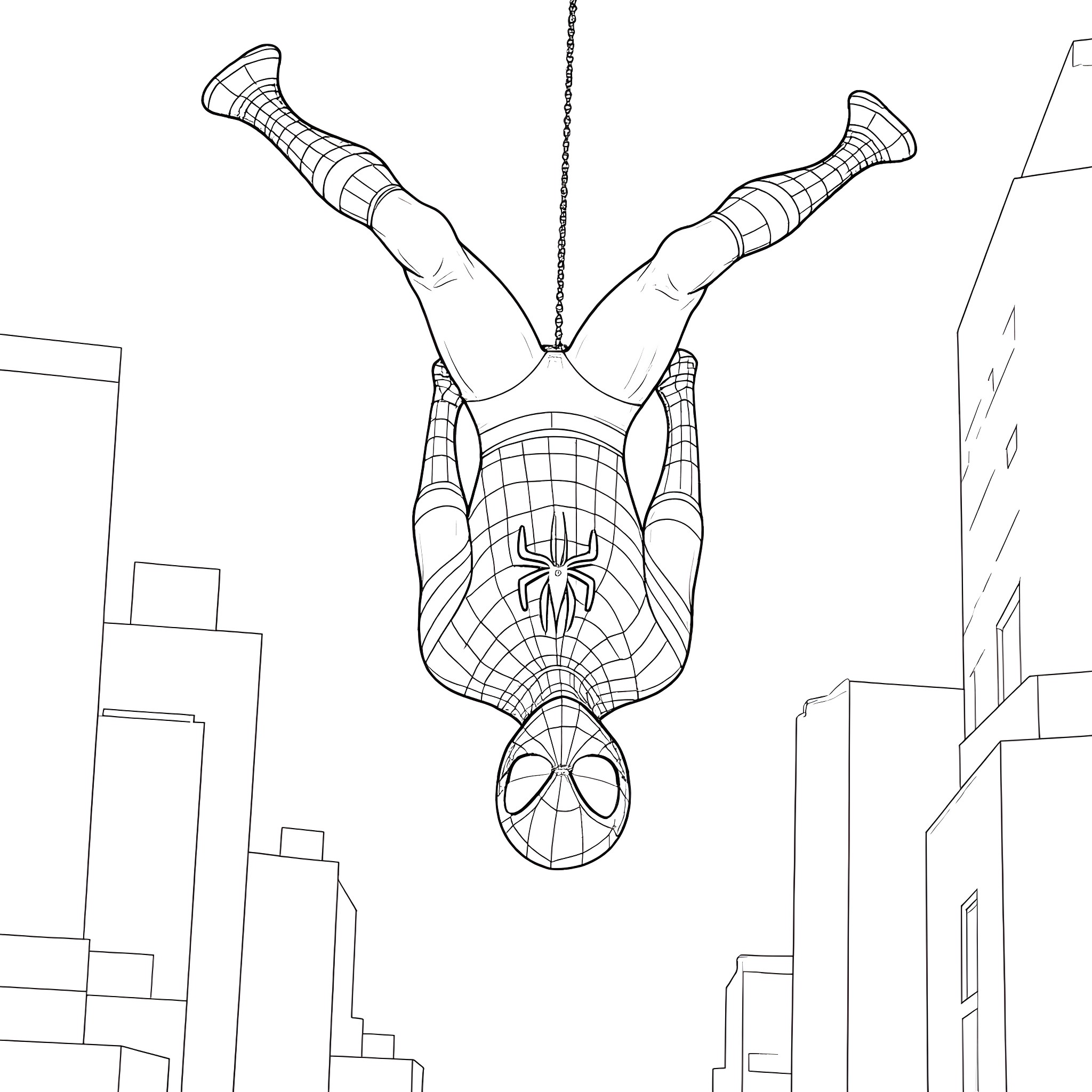 Spiderman swinging and performing acrobatics in the city Coloring Page (free black-and-white line drawing printable PDF for all, from beginners to advanced learners, including children, teens, adults, and seniors)