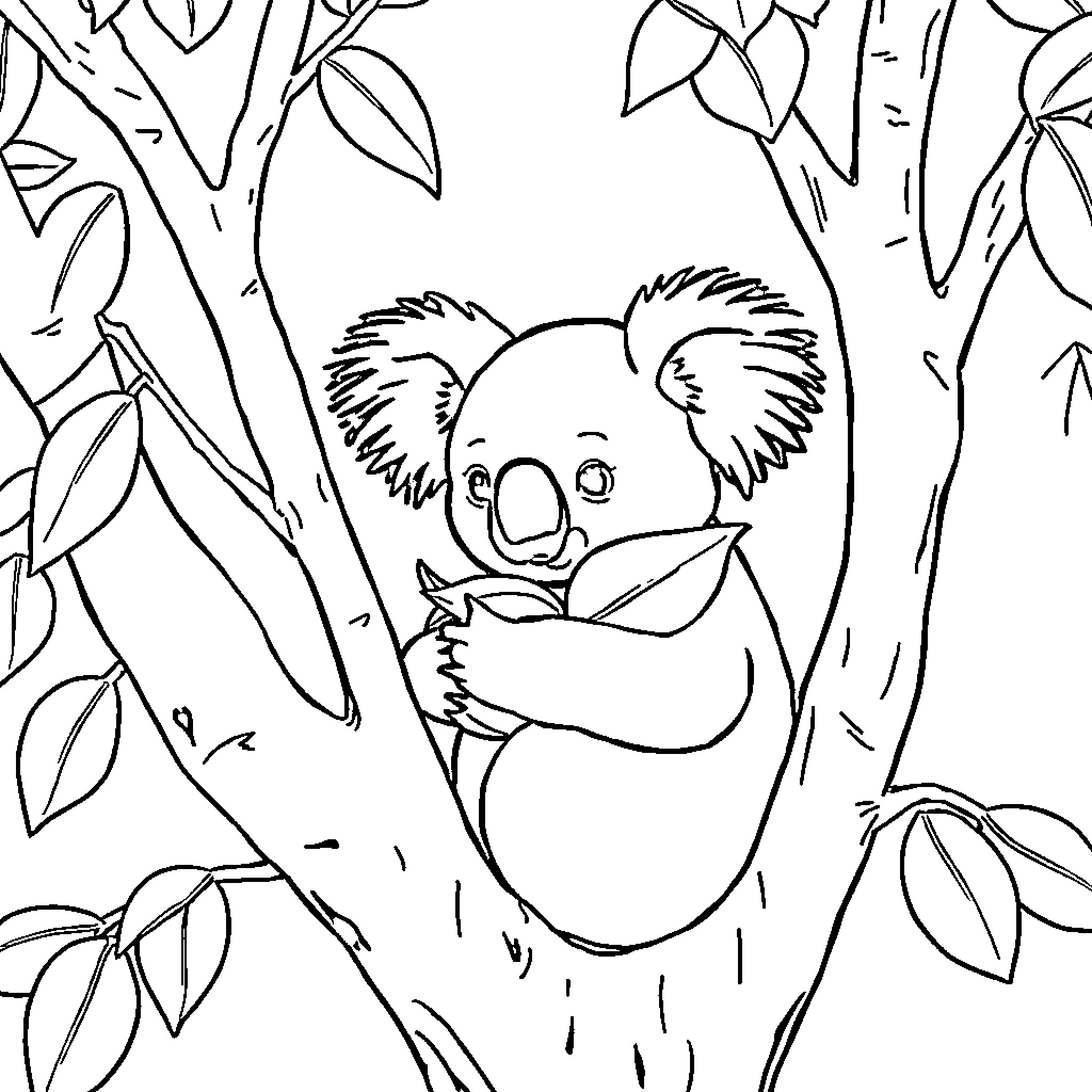Koala resting peacefully in the tree branches Coloring Page (free black-and-white line drawing printable PDF for all, from beginners to advanced learners, including children, teens, adults, and seniors)