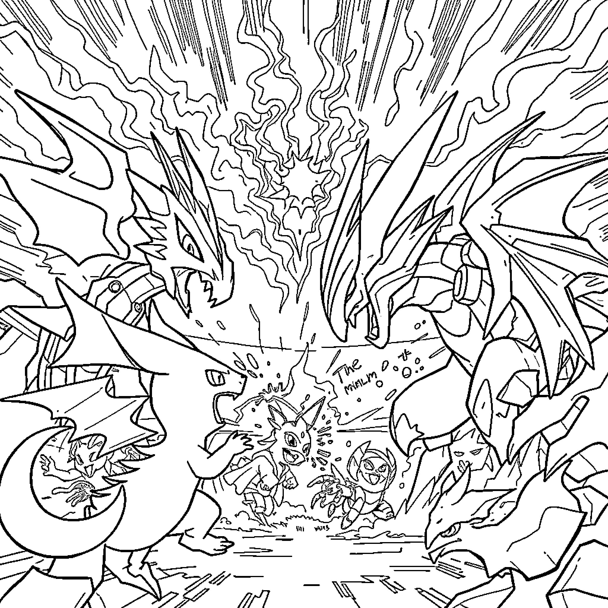 Pokémon Legendary Creatures Battling Fiercely Coloring Page (free black-and-white line drawing printable PDF for all, from beginners to advanced learners, including children, teens, adults, and seniors)
