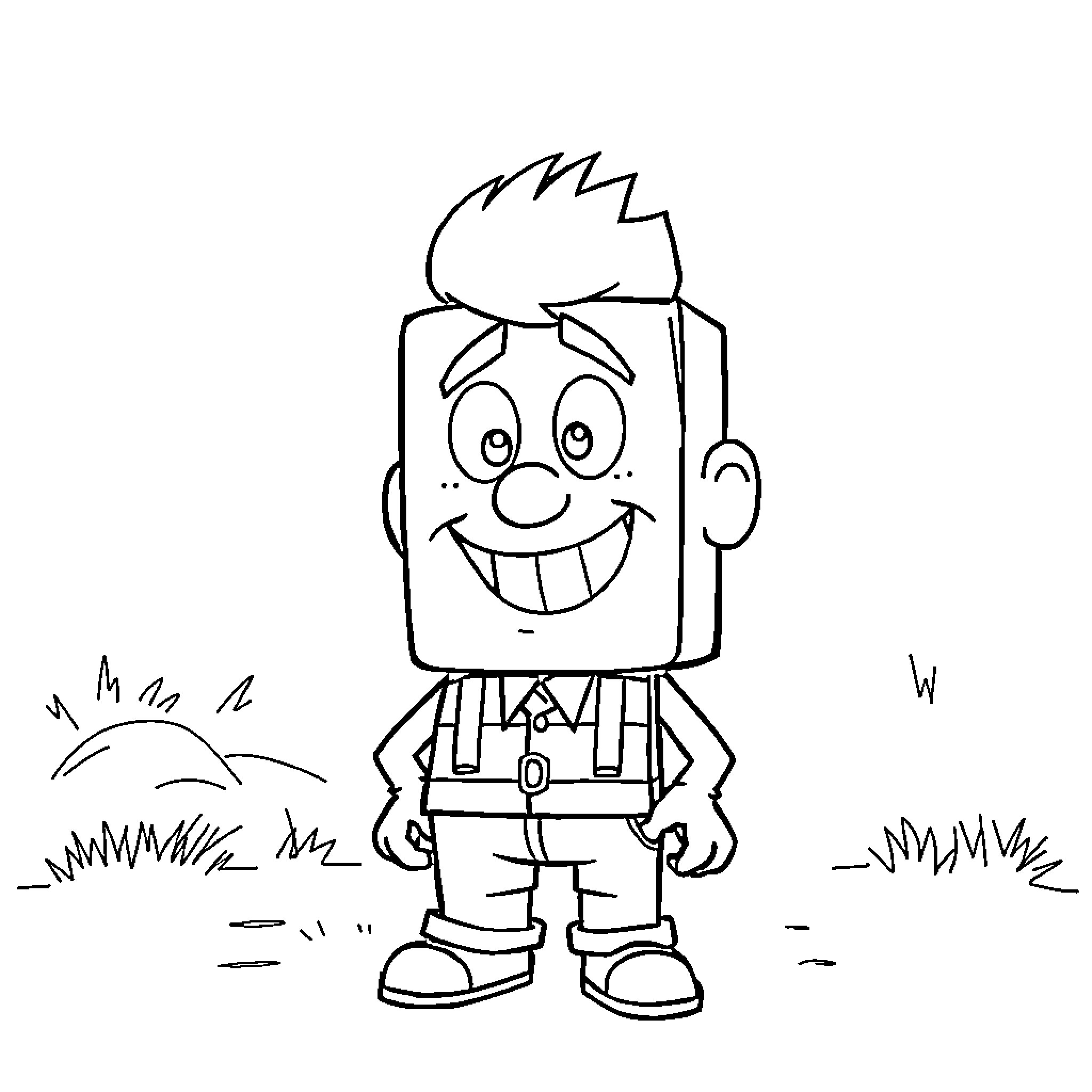 Blockhead character with a cheerful expression Coloring Page (free black-and-white line drawing printable PDF for all, from beginners to advanced learners, including children, teens, adults, and seniors)