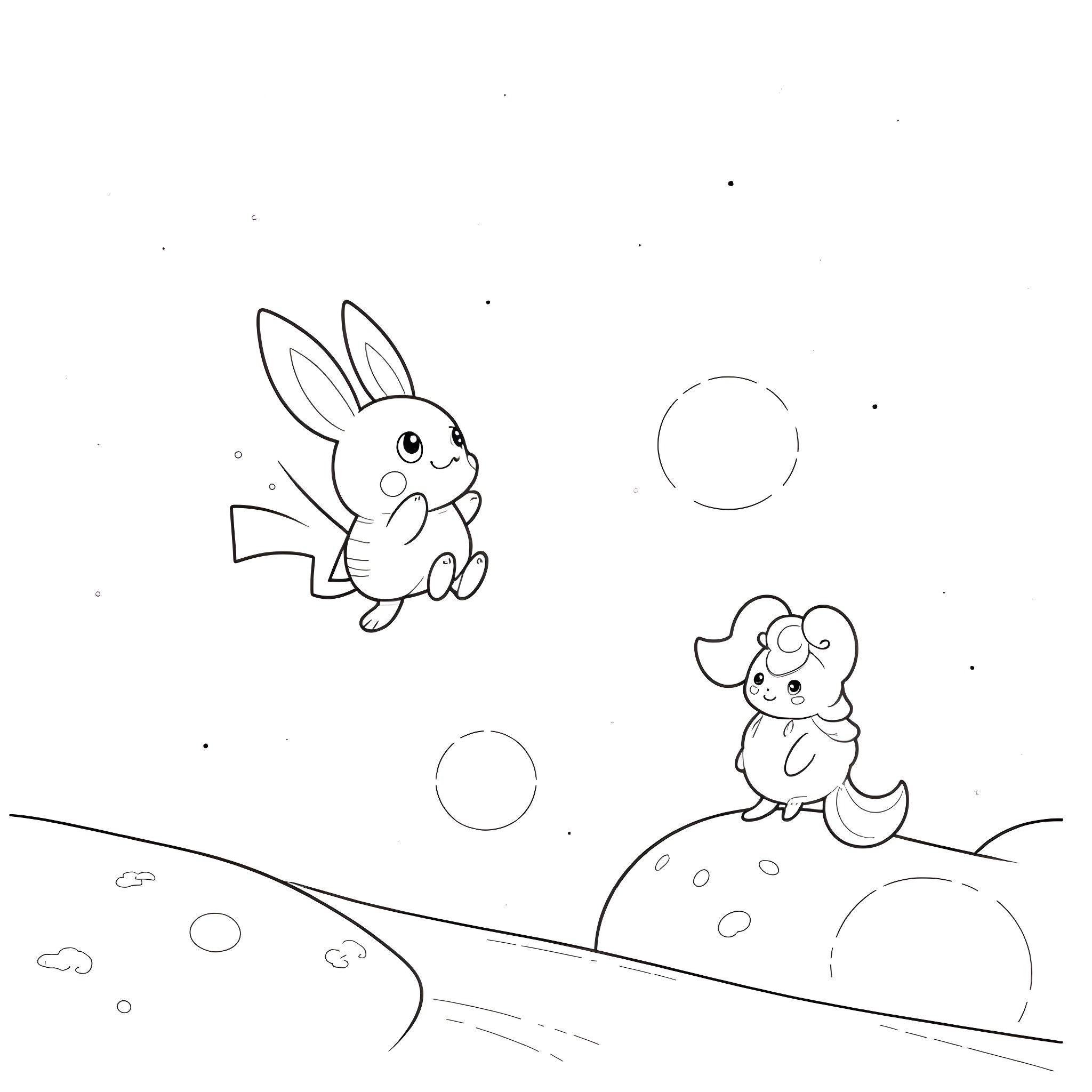 Pokémon characters playing joyfully in the moonlight Coloring Page (free black-and-white line drawing printable PDF for all, from beginners to advanced learners, including children, teens, adults, and seniors)