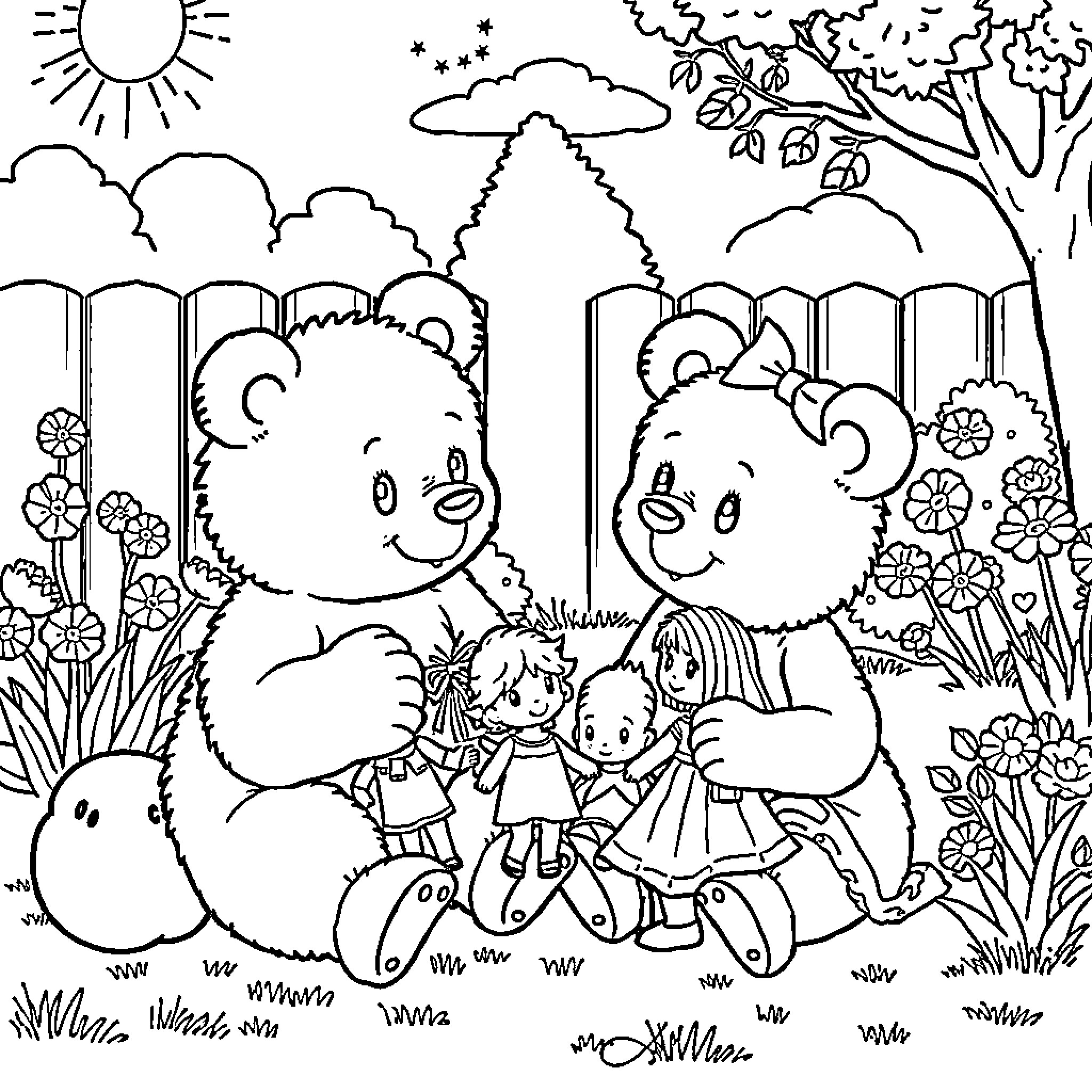 Bear family playing happily in nature Coloring Page (free black-and-white line drawing printable PDF for all, from beginners to advanced learners, including children, teens, adults, and seniors)