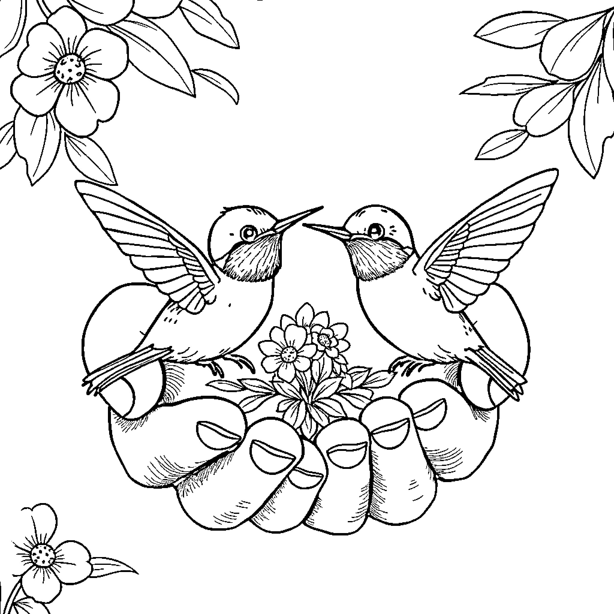 Hummingbirds dancing amidst floral arrangements Coloring Page (free black-and-white line drawing printable PDF for all, from beginners to advanced learners, including children, teens, adults, and seniors)