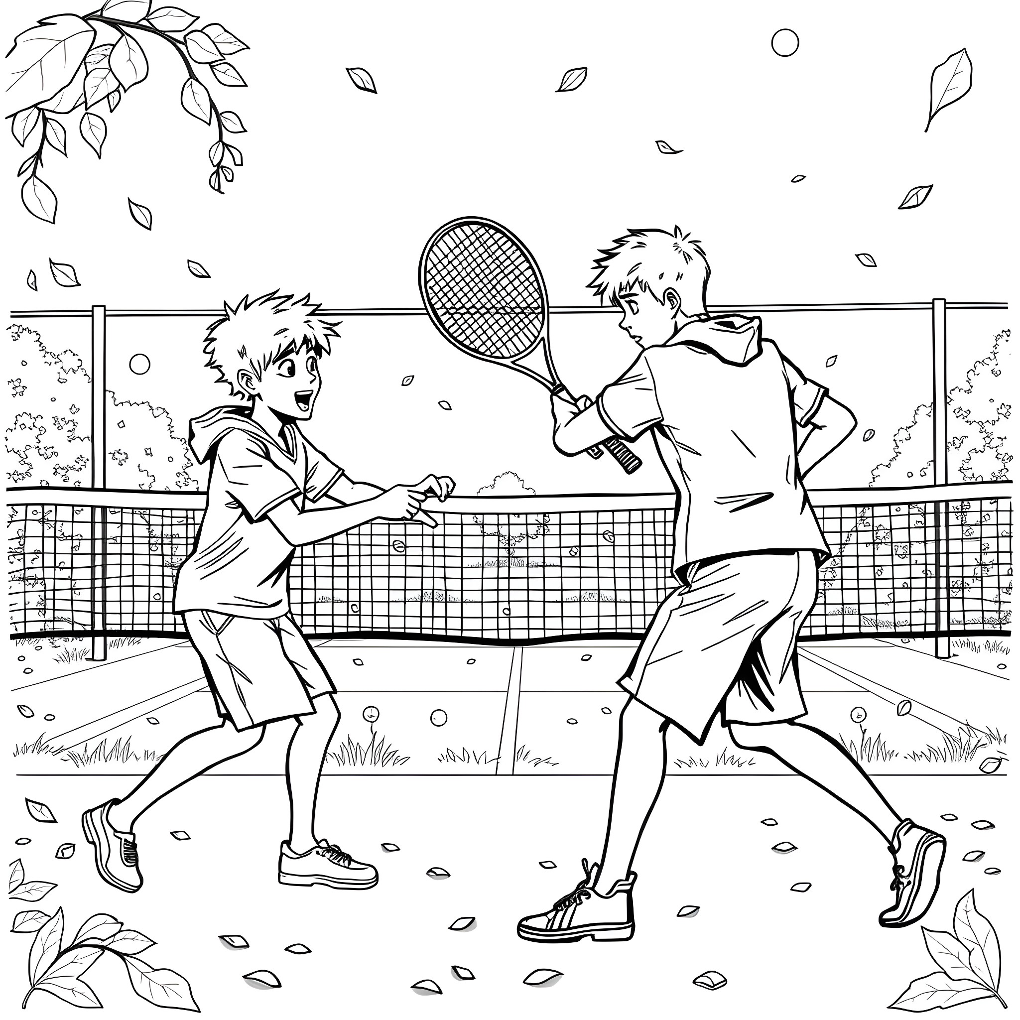 Boy playing tennis with friend on the court Coloring Page (free black-and-white line drawing printable PDF for all, from beginners to advanced learners, including children, teens, adults, and seniors)