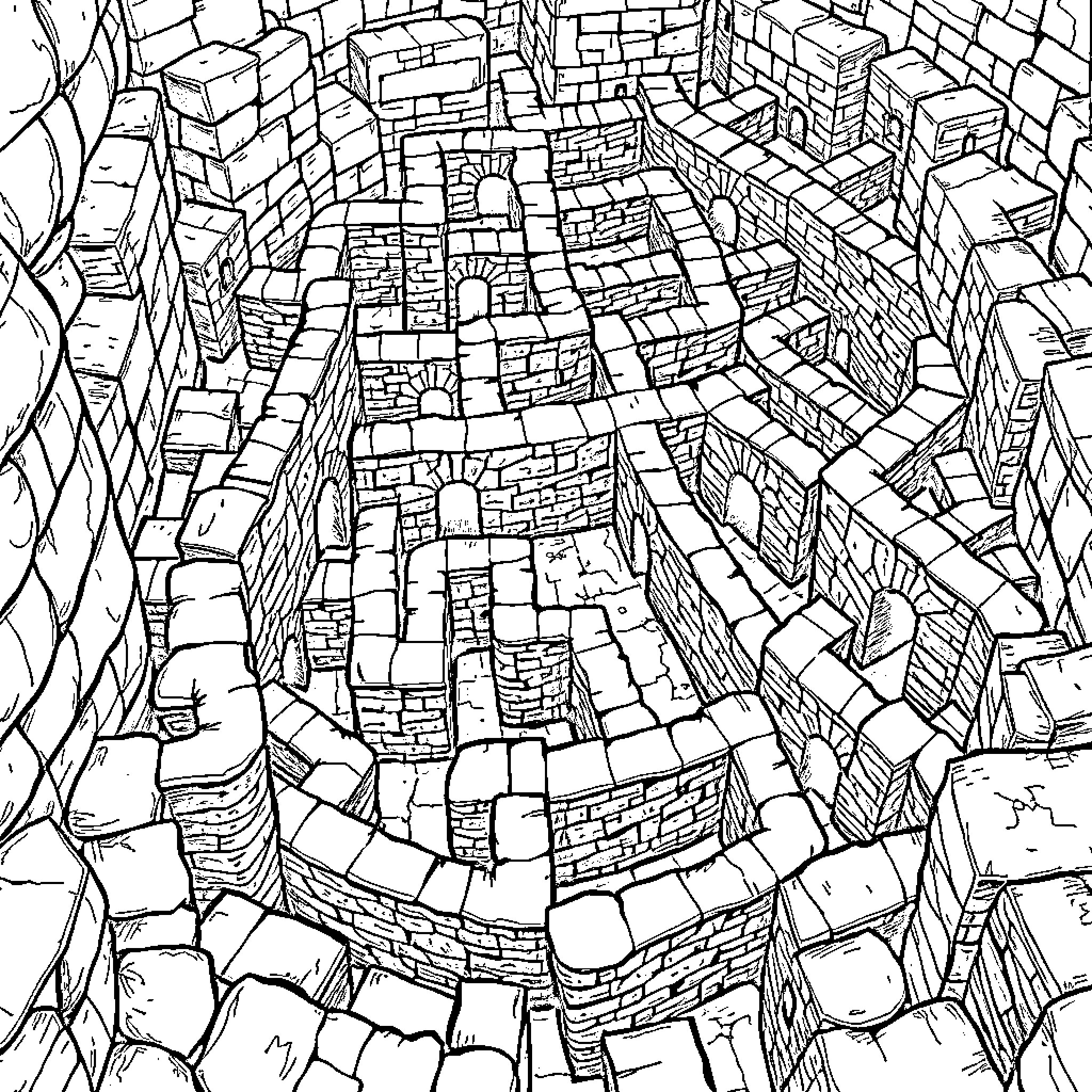 Labyrinth of Interlocking Stone Structures Coloring Page (free black-and-white line drawing printable PDF for all, from beginners to advanced learners, including children, teens, adults, and seniors)