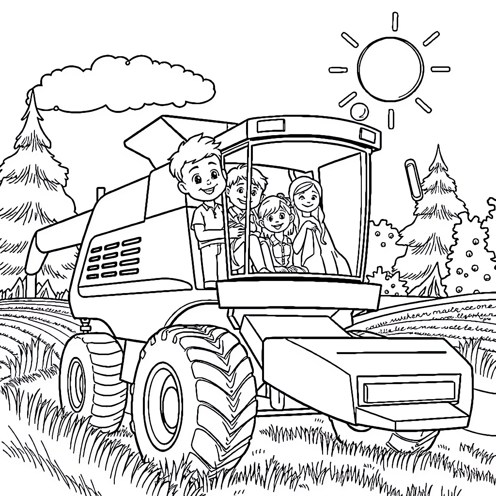 Ben and Holly riding happily in the countryside Coloring Page (free black-and-white line drawing printable PDF for all, from beginners to advanced learners, including children, teens, adults, and seniors)