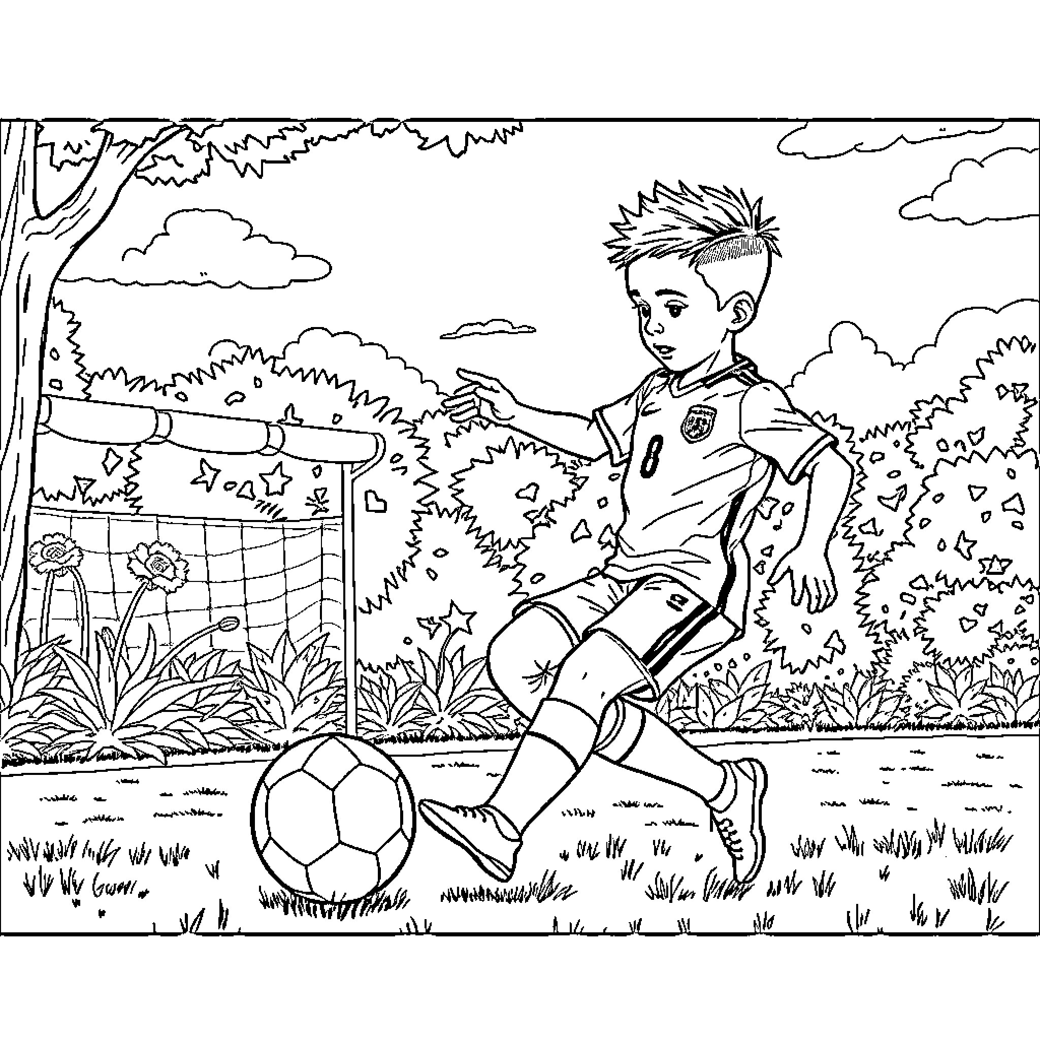 Neymar kicking a soccer ball in a park Coloring Page (free black-and-white line drawing printable PDF for all, from beginners to advanced learners, including children, teens, adults, and seniors)