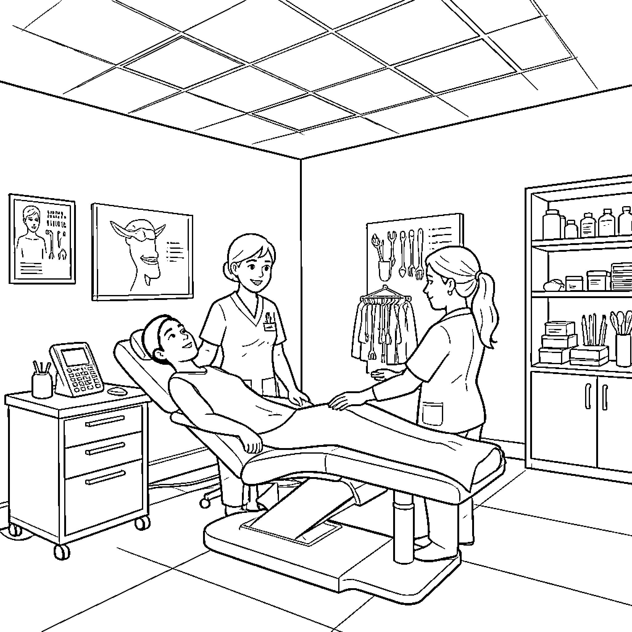 Plastic Surgeon Performing Medical Procedure in Clinic Coloring Page (free black-and-white line drawing printable PDF for all, from beginners to advanced learners, including children, teens, adults, and seniors)