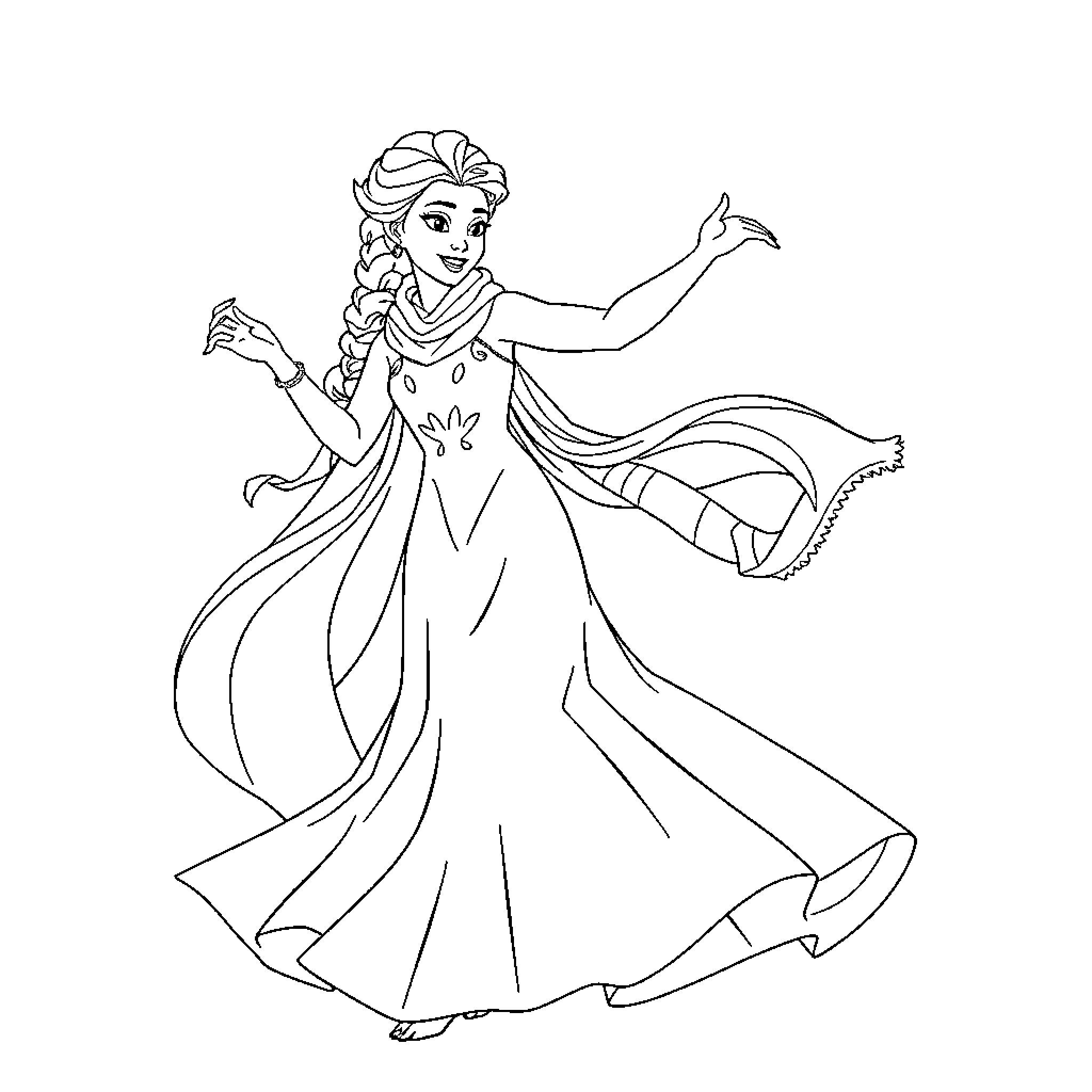 Elsa's Magical Whirlwind Dance Coloring Page (free black-and-white line drawing printable PDF for all, from beginners to advanced learners, including children, teens, adults, and seniors)