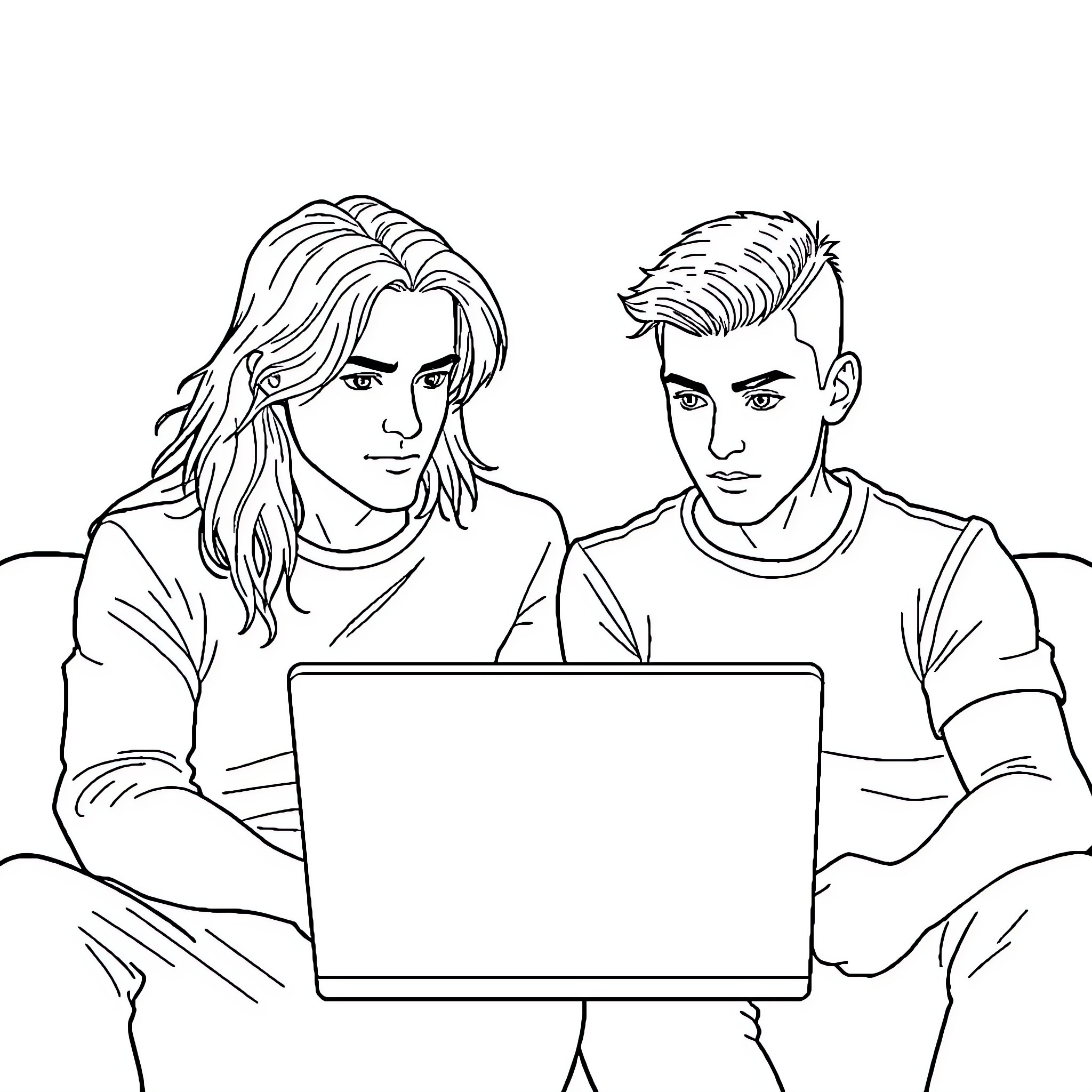 Man and Woman Collaborating on Laptop Coloring Page (free black-and-white line drawing printable PDF for all, from beginners to advanced learners, including children, teens, adults, and seniors)